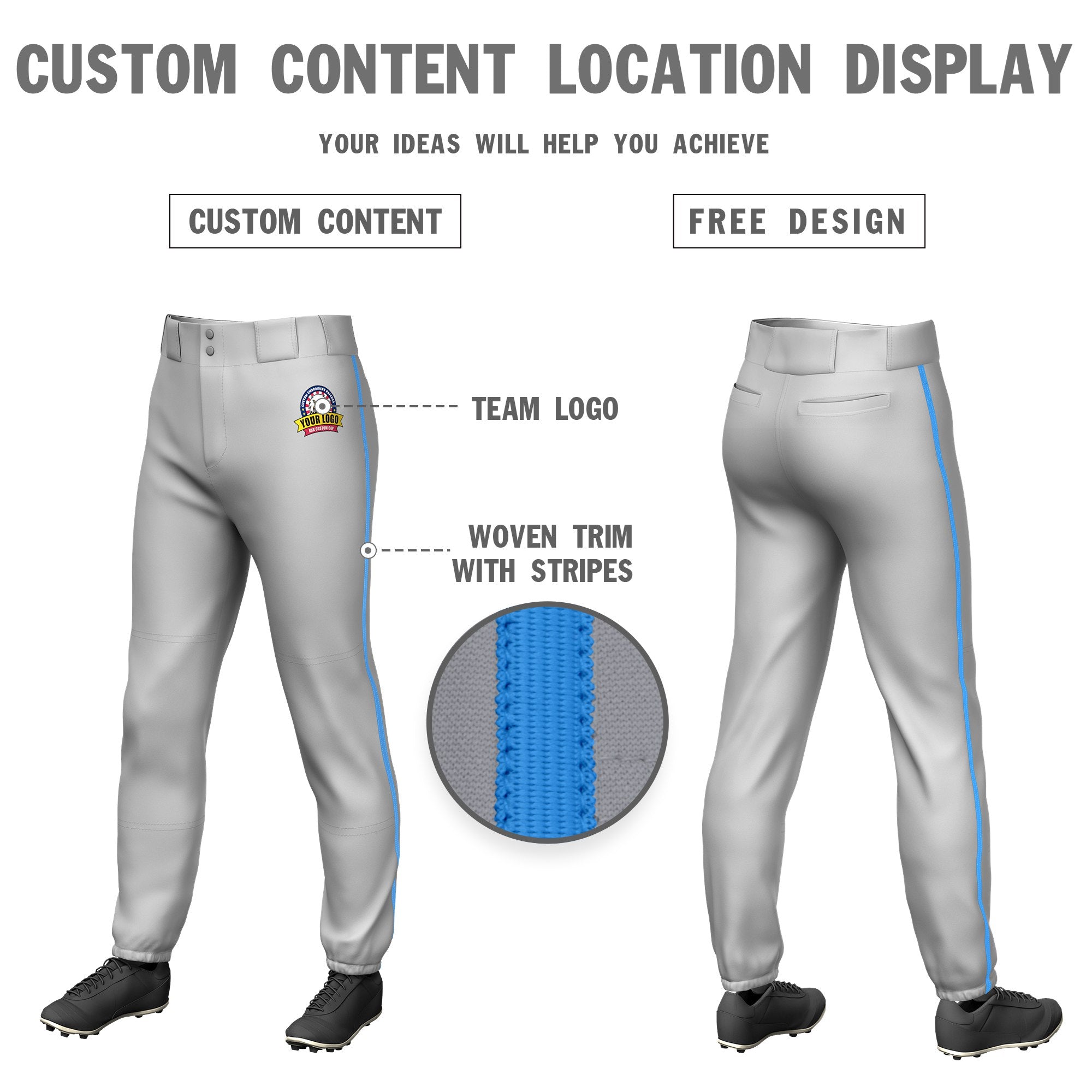 Custom Gray Powder Blue Classic Fit Stretch Practice Pull-up Baseball Pants