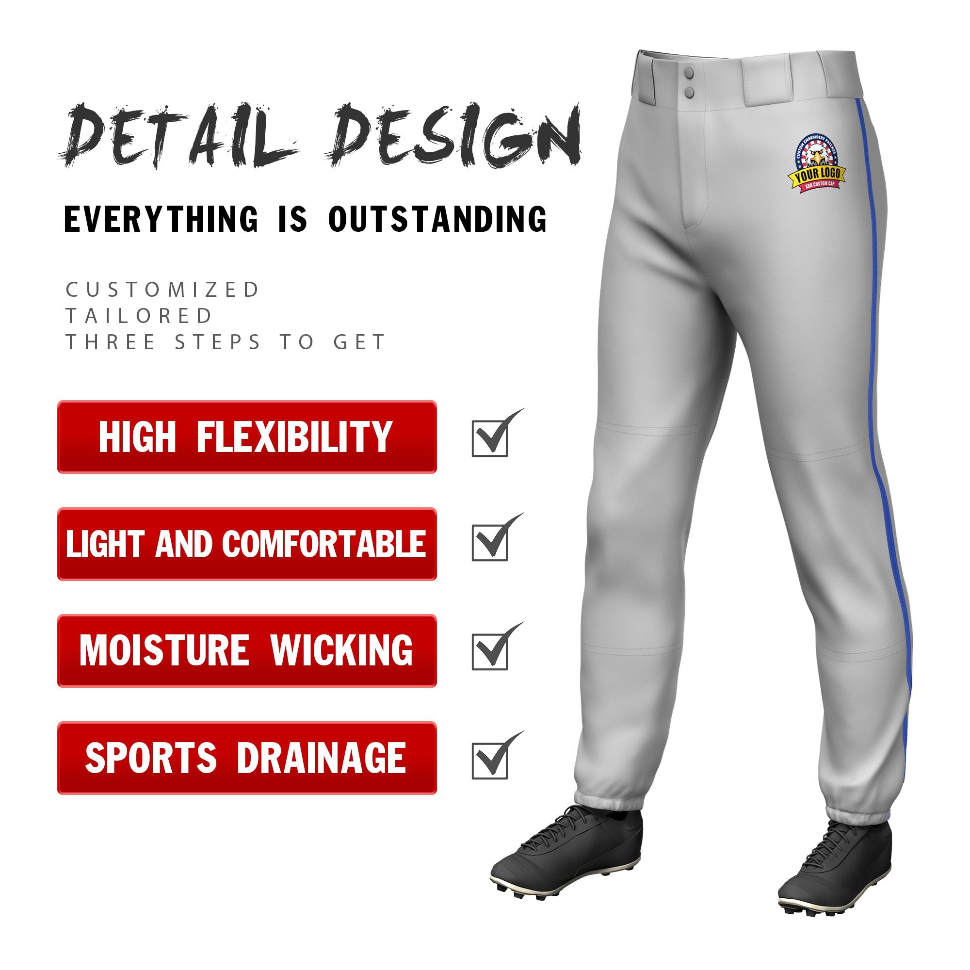 Custom Gray Royal Blue Classic Fit Stretch Practice Pull-up Baseball Pants