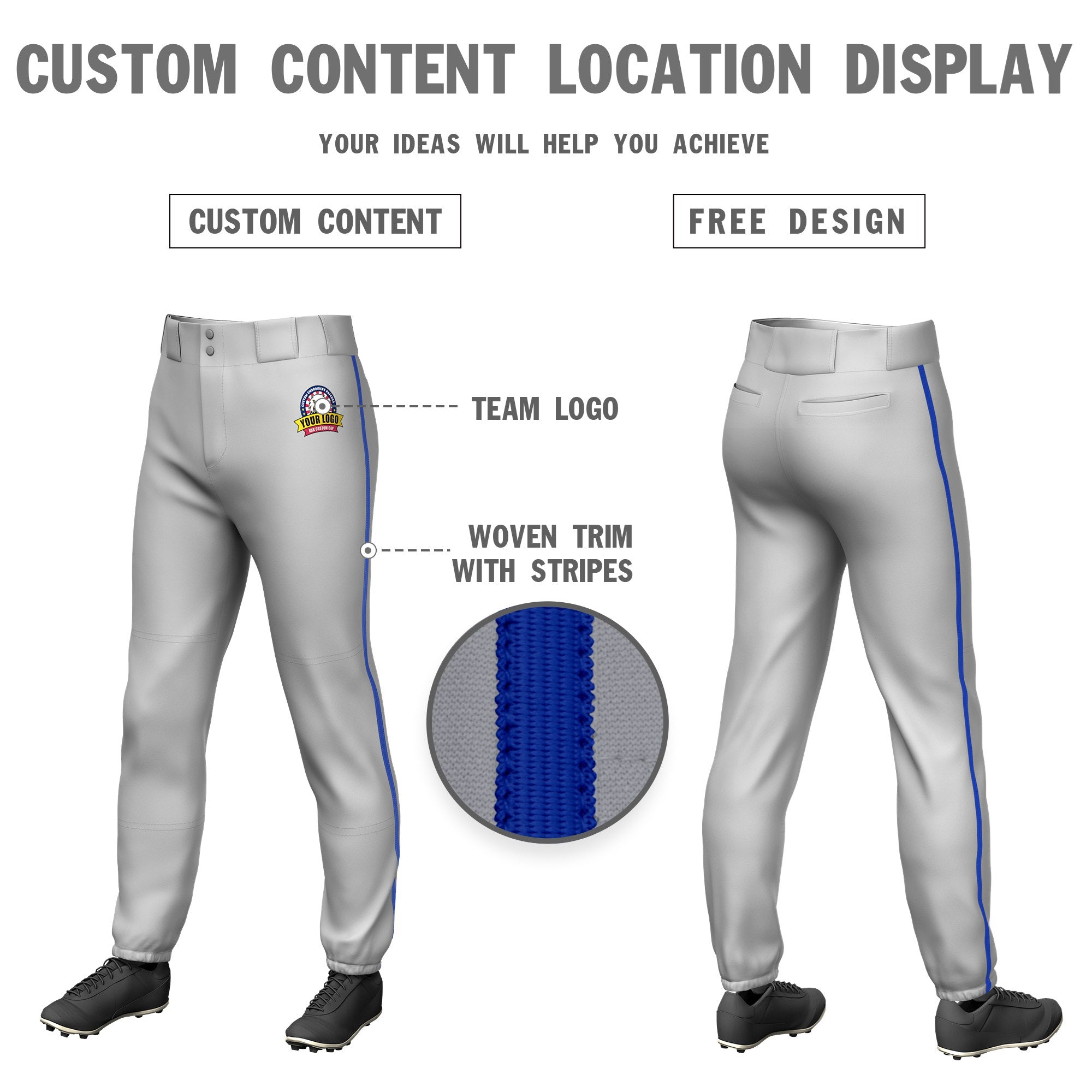 Custom Gray Royal Blue Classic Fit Stretch Practice Pull-up Baseball Pants