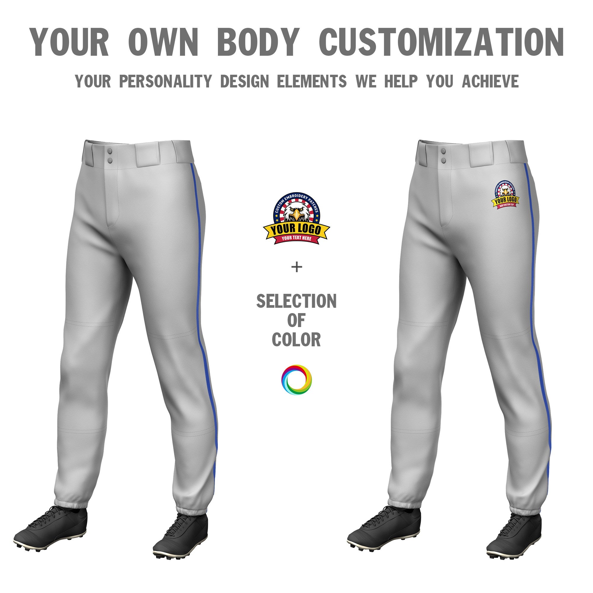 Custom Gray Royal Blue Classic Fit Stretch Practice Pull-up Baseball Pants