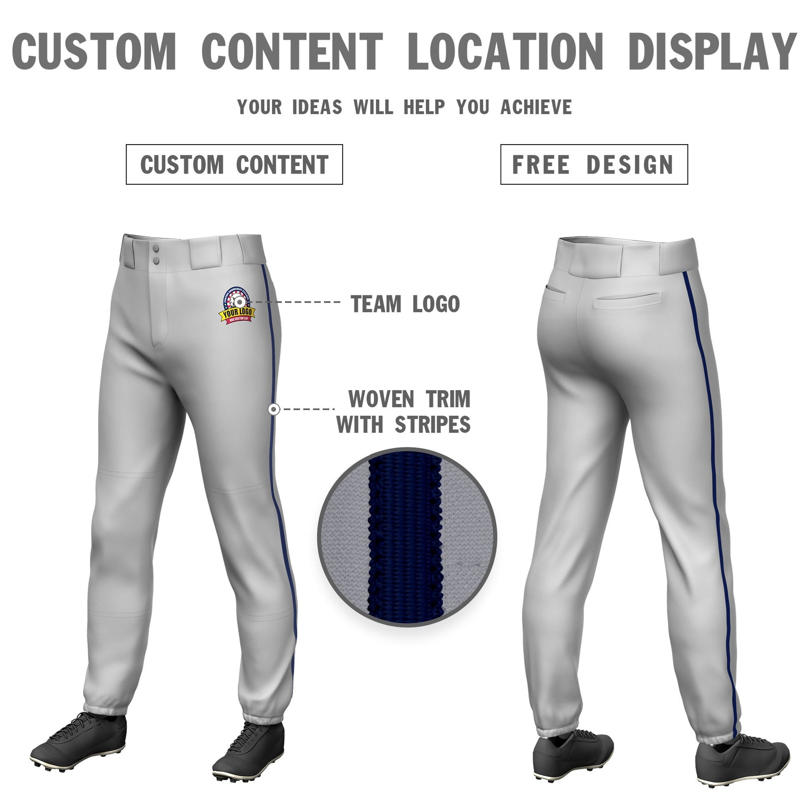 Custom Gray Navy Classic Fit Stretch Practice Pull-up Baseball Pants