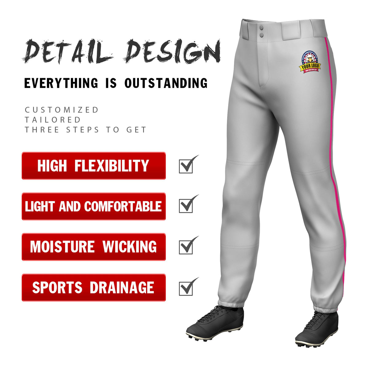 Custom Gray Pink Classic Fit Stretch Practice Pull-up Baseball Pants
