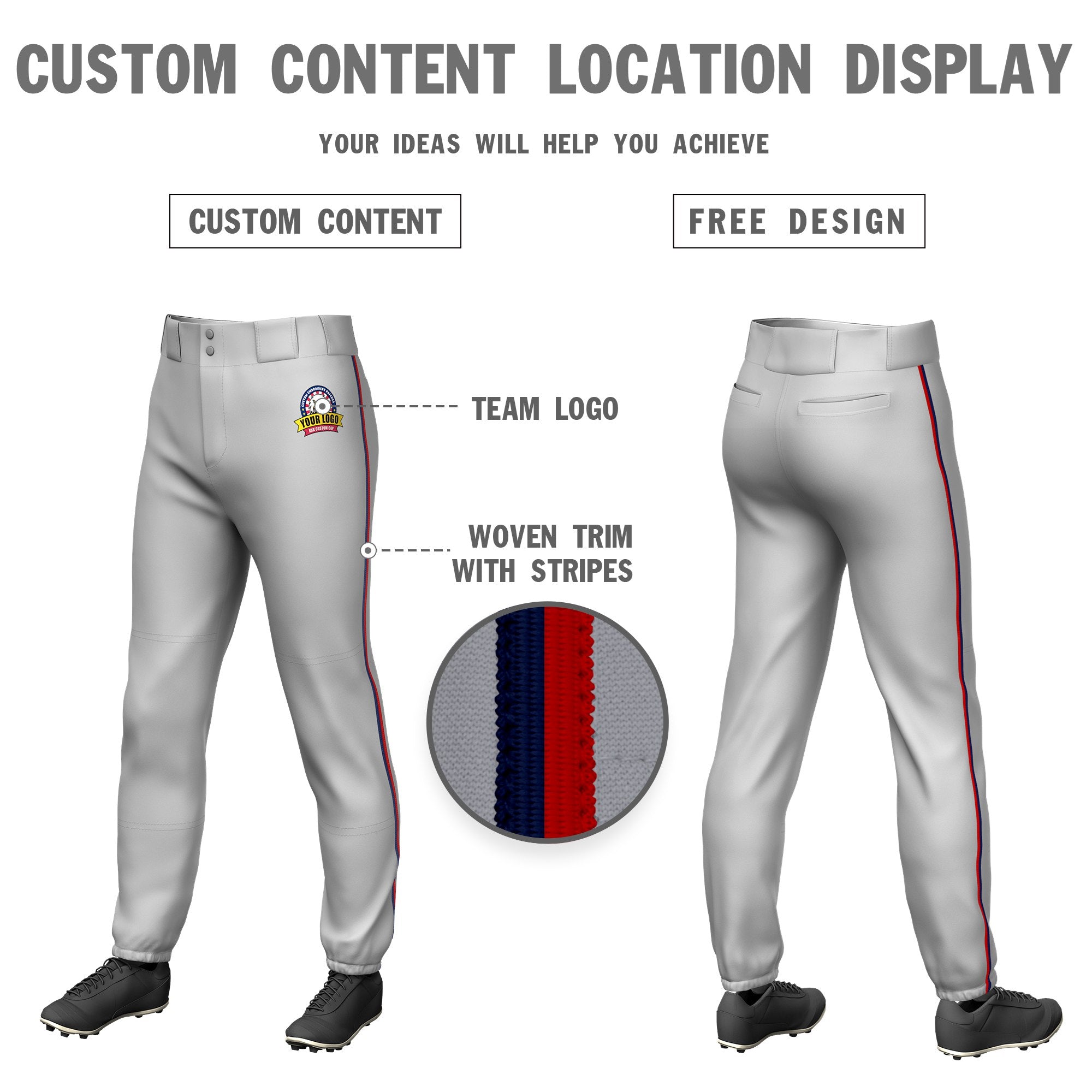 Custom Gray Navy-Red Classic Fit Stretch Practice Pull-up Baseball Pants