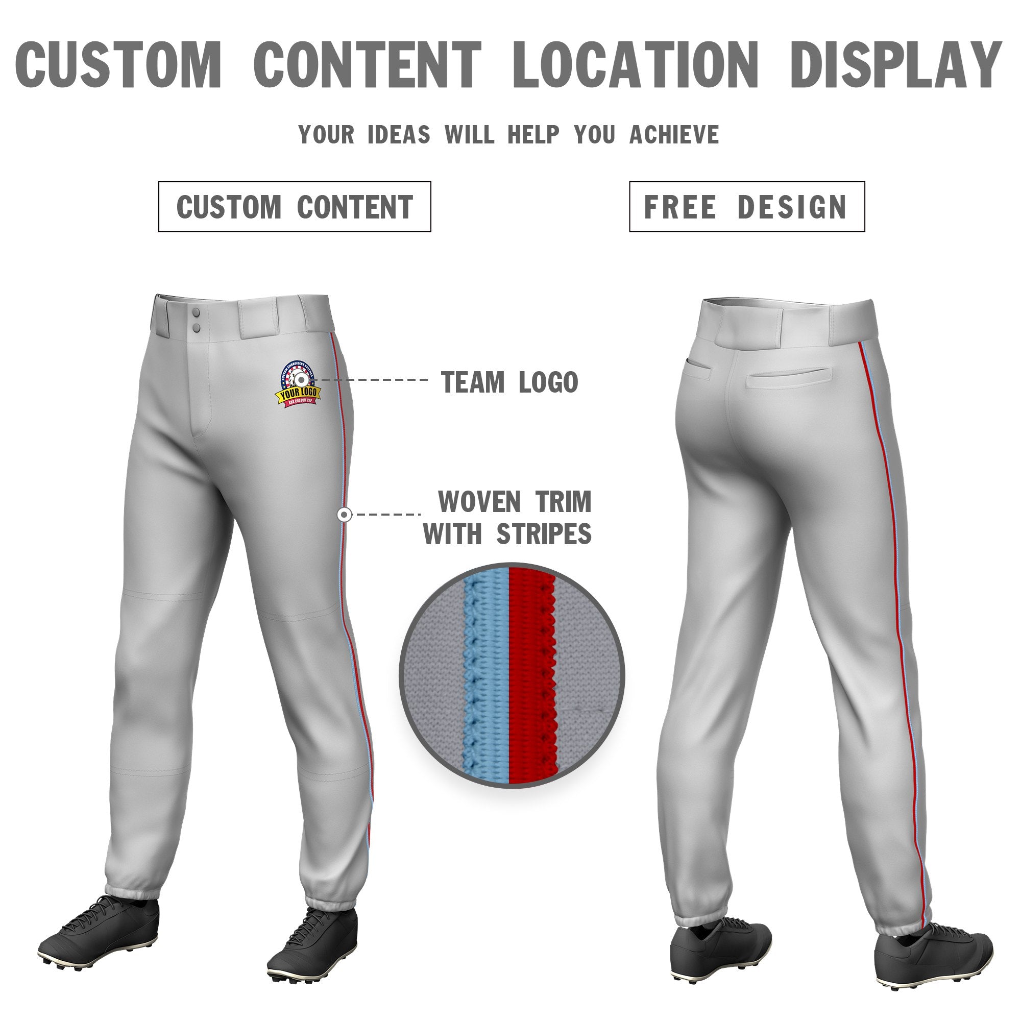 Custom Gray Light Blue-Red Classic Fit Stretch Practice Pull-up Baseball Pants