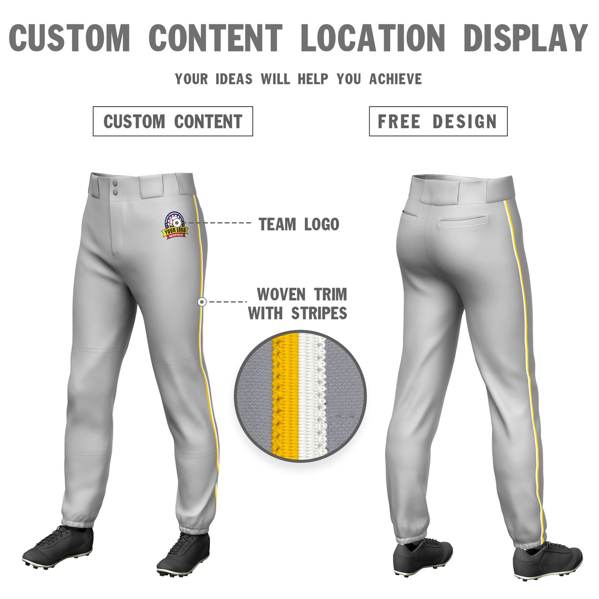 Custom Gray Gold01-White Classic Fit Stretch Practice Pull-up Baseball Pants