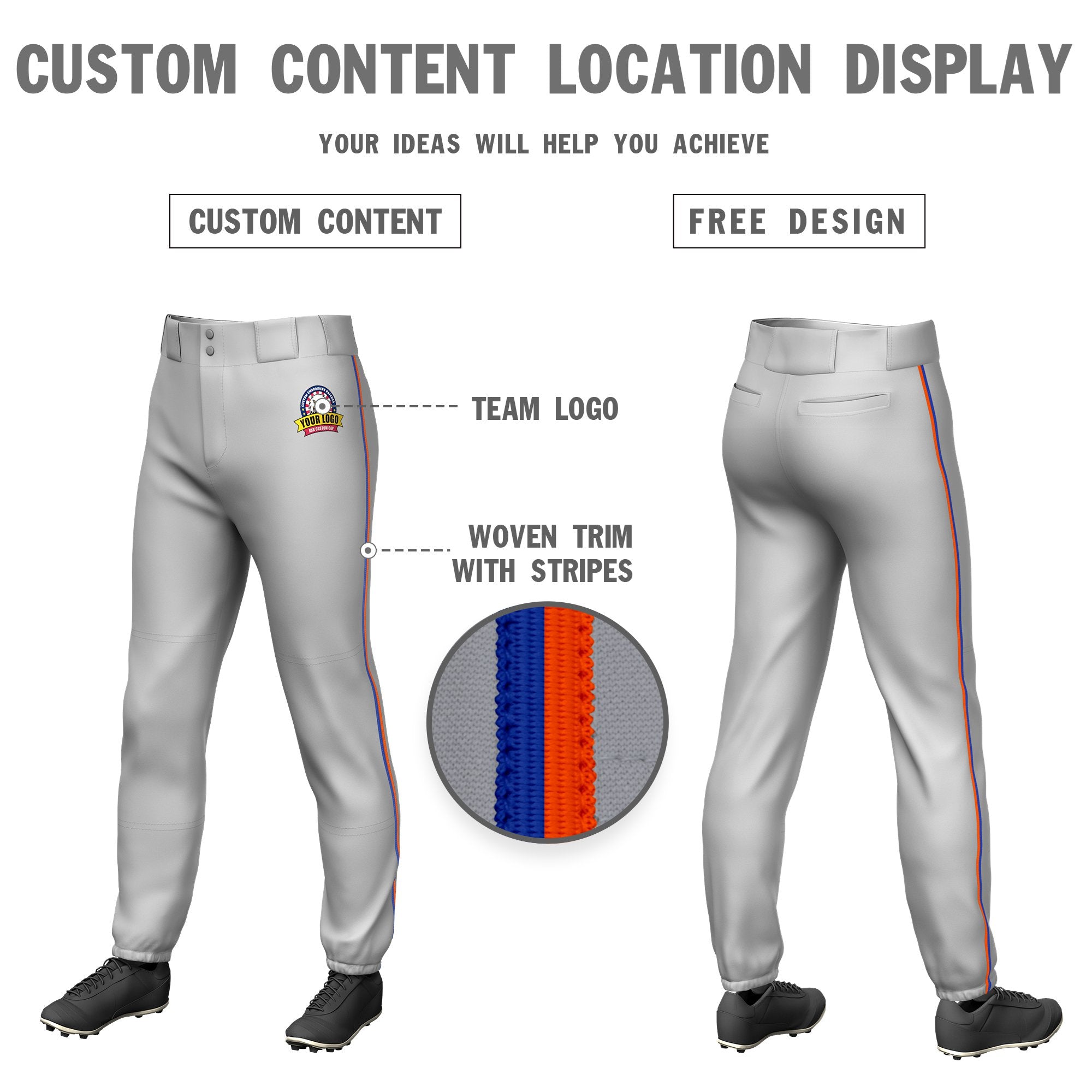 Custom Gray Royal Blue-Orange Classic Fit Stretch Practice Pull-up Baseball Pants