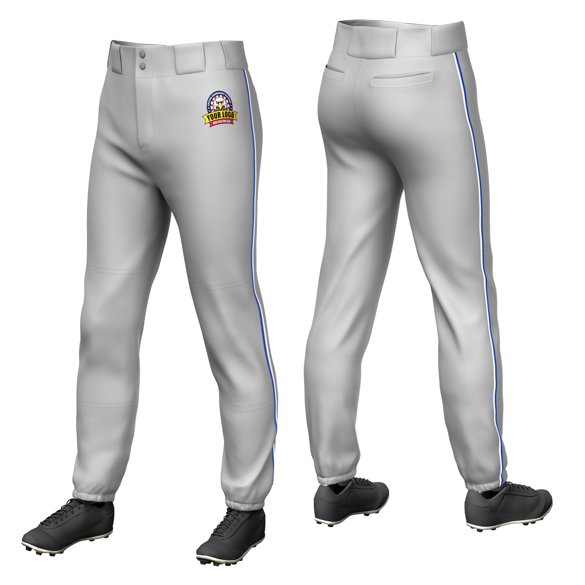 Custom Gray Royal Blue-White Classic Fit Stretch Practice Pull-up Baseball Pants