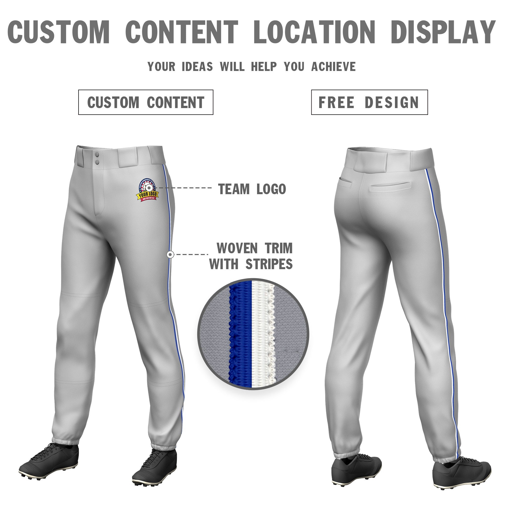 Custom Gray Royal Blue-White Classic Fit Stretch Practice Pull-up Baseball Pants