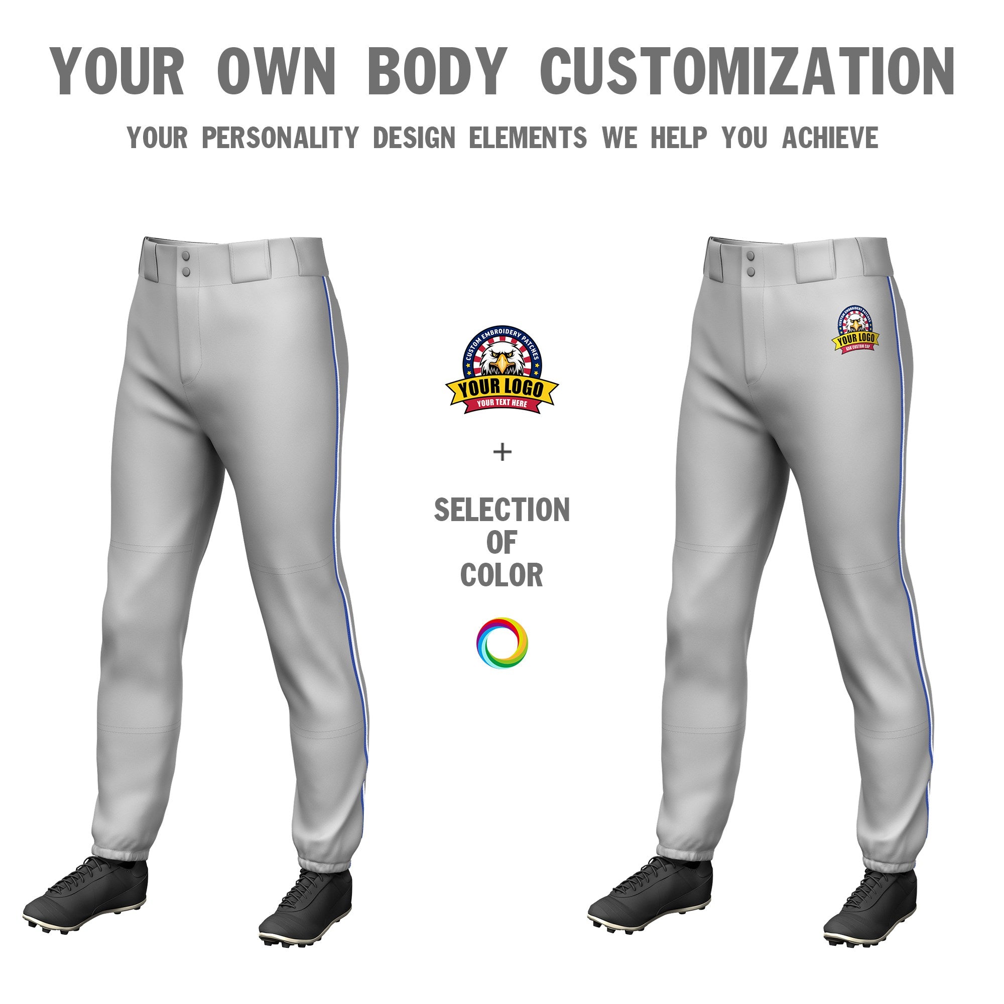 Custom Gray Royal Blue-White Classic Fit Stretch Practice Pull-up Baseball Pants