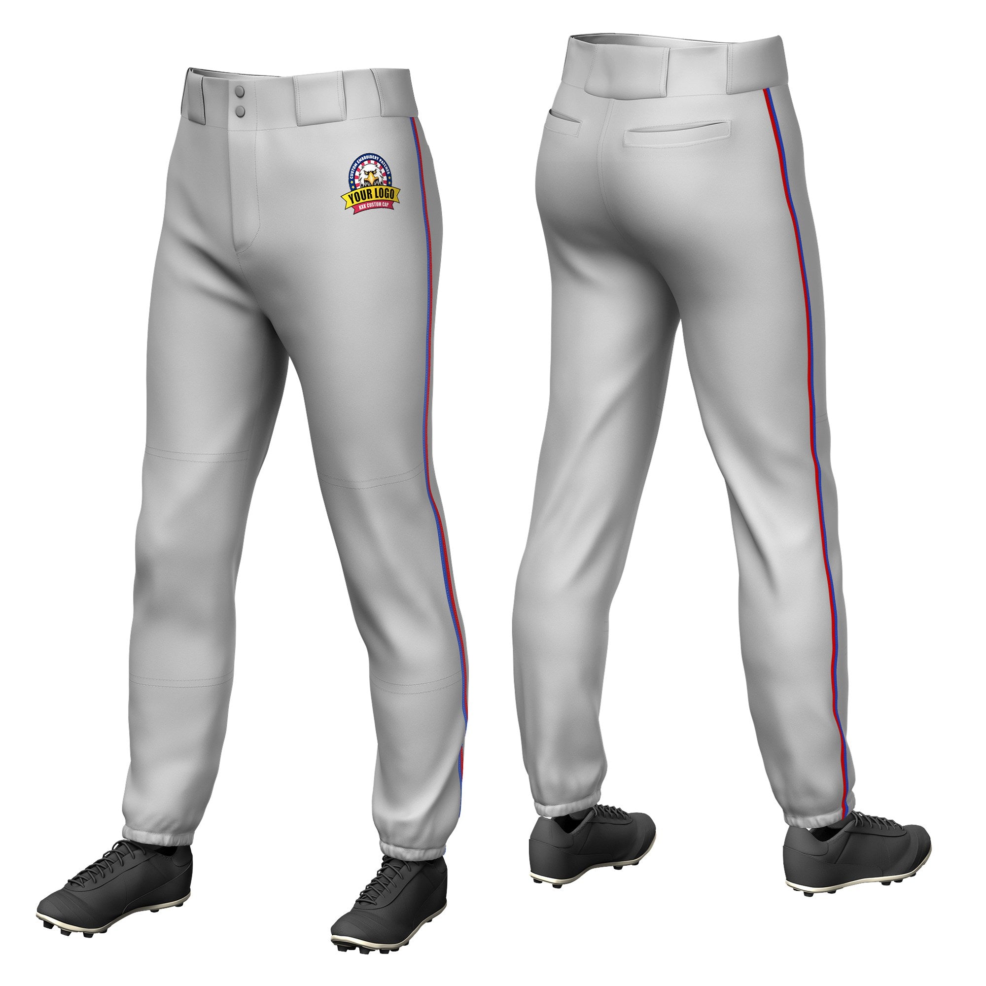 Custom Gray Royal Blue-Red Classic Fit Stretch Practice Pull-up Baseball Pants