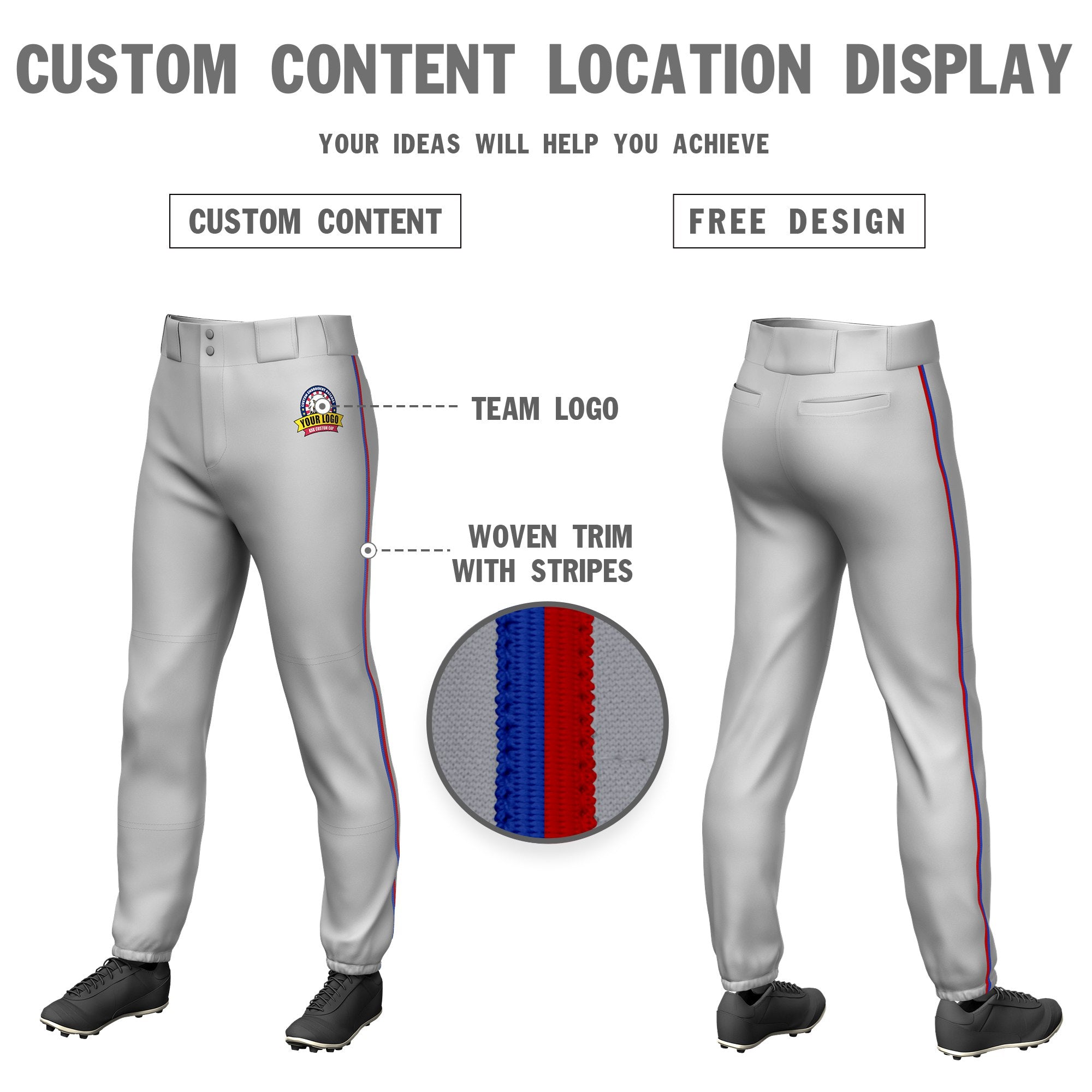 Custom Gray Royal Blue-Red Classic Fit Stretch Practice Pull-up Baseball Pants