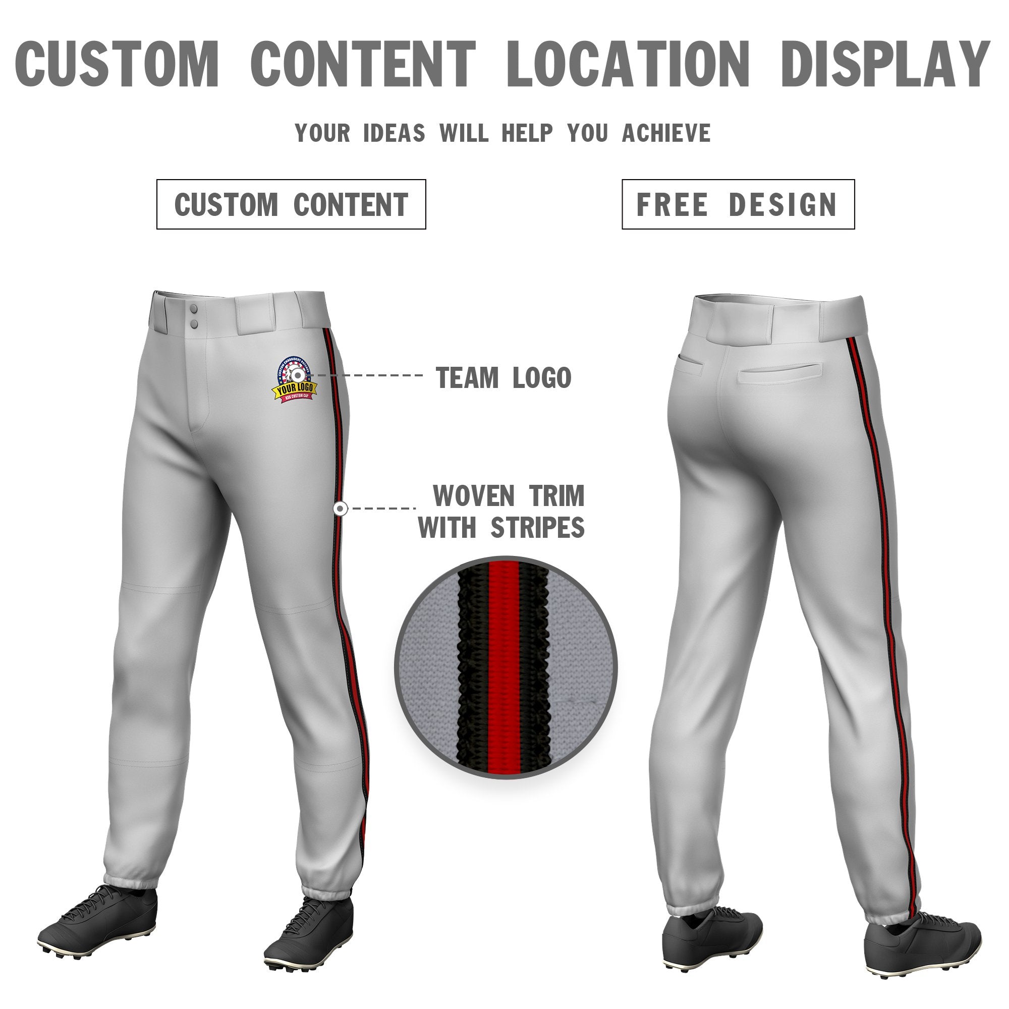 Custom Gray Black-Red-Black Classic Fit Stretch Practice Pull-up Baseball Pants