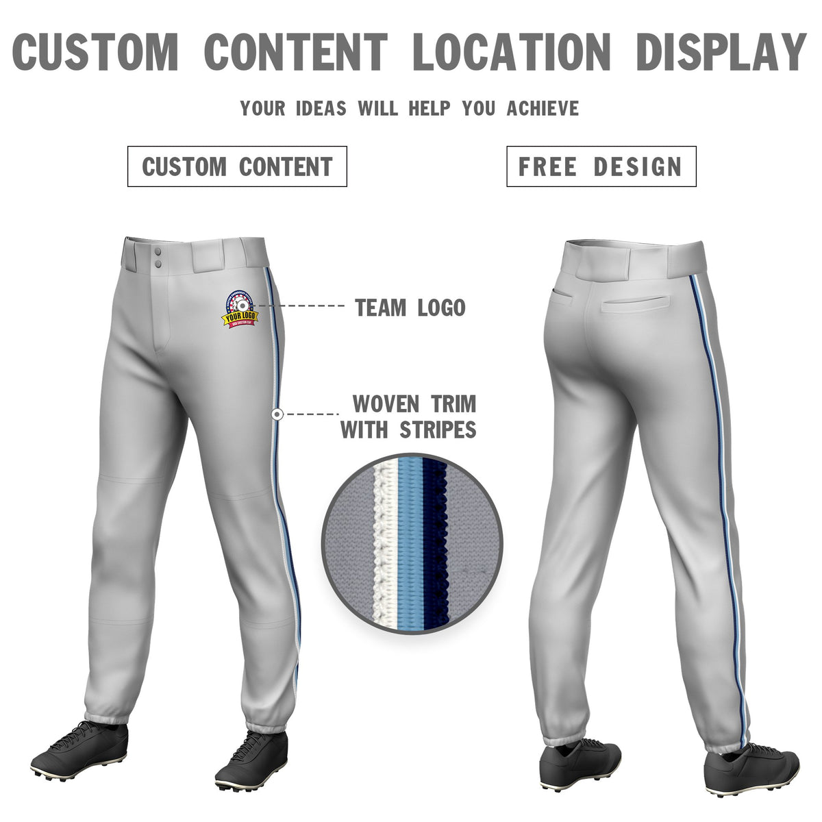 Custom Gray White-Light Blue-Navy Classic Fit Stretch Practice Pull-up Baseball Pants