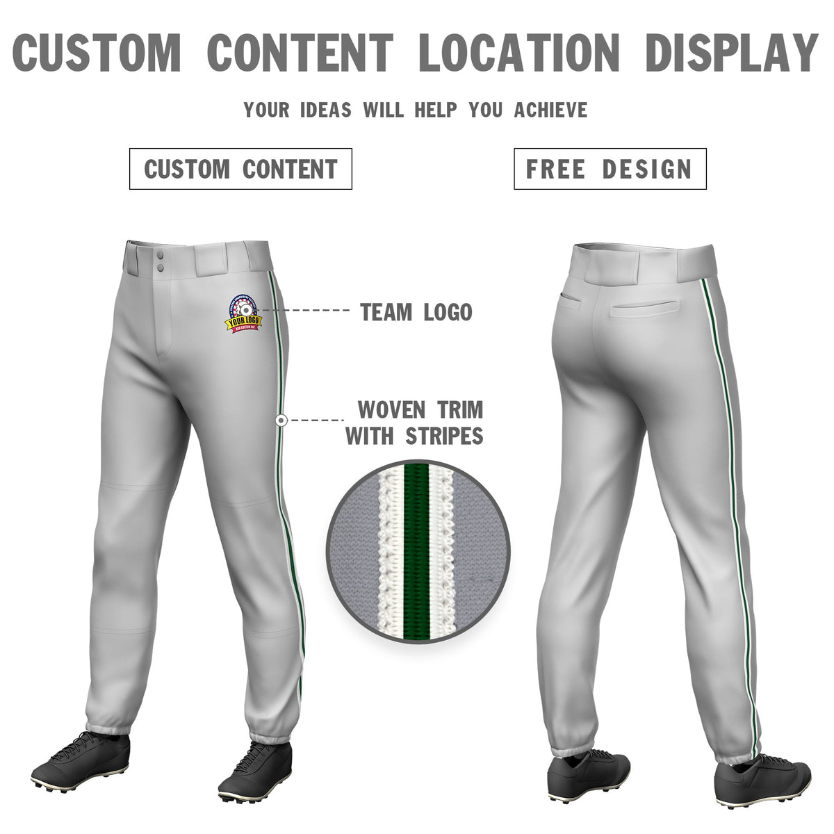 Custom Gray White-Green-White Classic Fit Stretch Practice Pull-up Baseball Pants