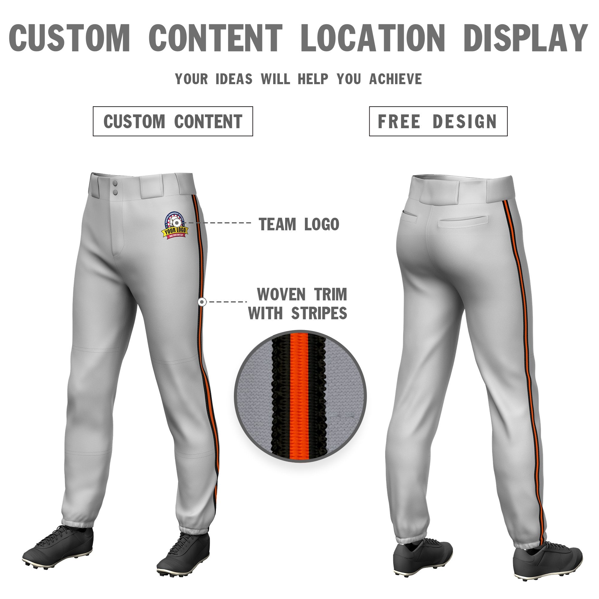 Custom Gray Black-Orange-Black Classic Fit Stretch Practice Pull-up Baseball Pants