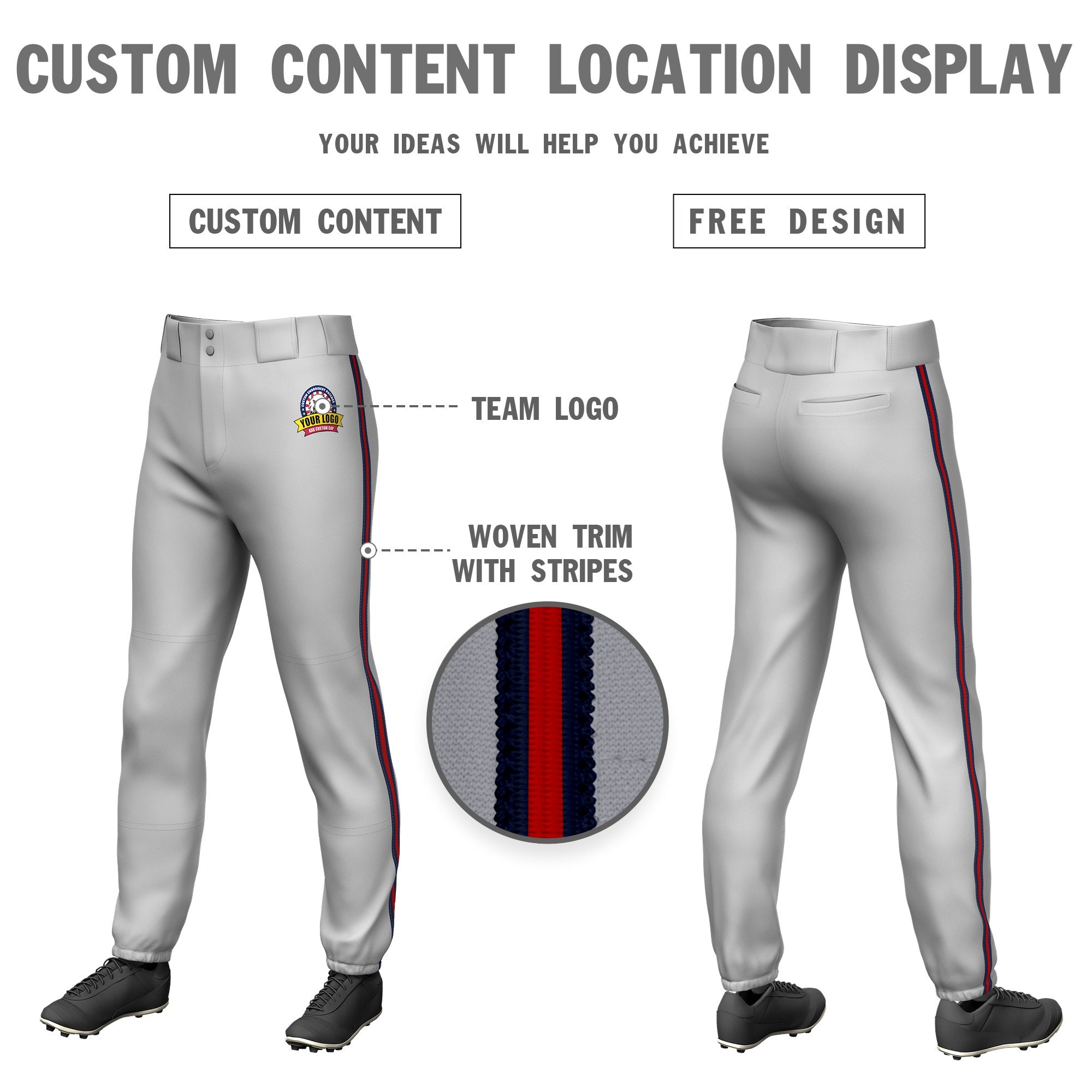 Custom Gray Navy-Red-Navy Classic Fit Stretch Practice Pull-up Baseball Pants