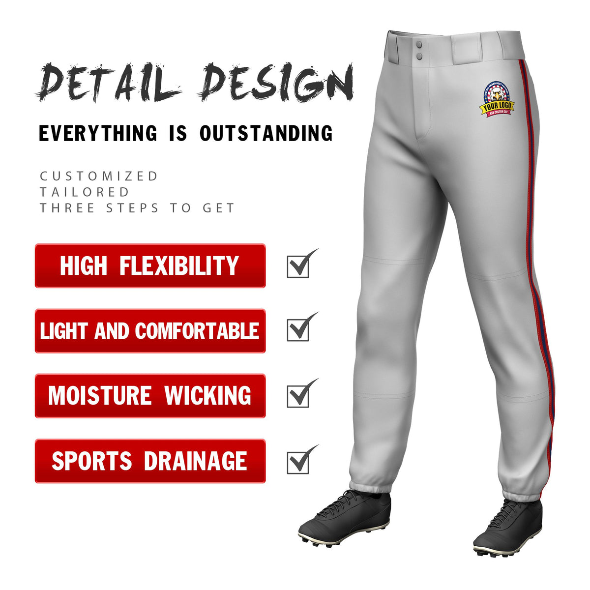Custom Gray Red-Navy-Red Classic Fit Stretch Practice Pull-up Baseball Pants