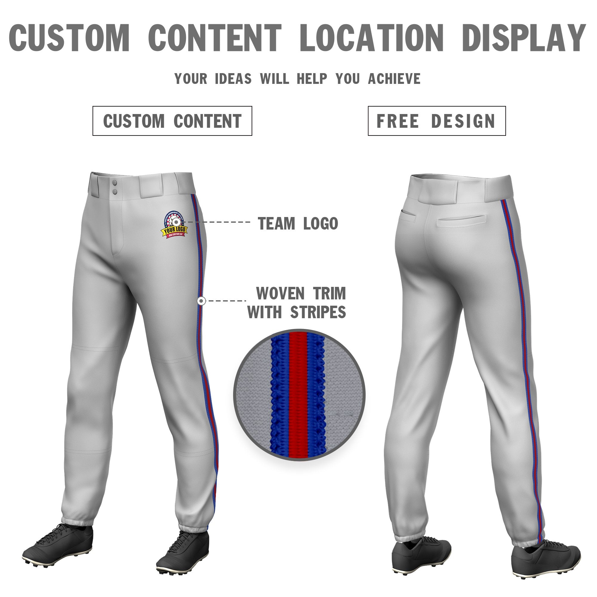 Custom Gray Royal Blue-Red-Royal Blue Classic Fit Stretch Practice Pull-up Baseball Pants