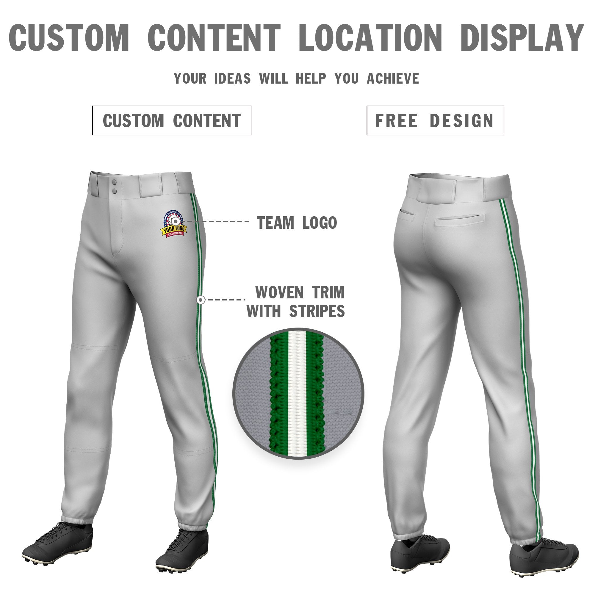 Custom Gray Kelly Green-White-Kelly Green Classic Fit Stretch Practice Pull-up Baseball Pants