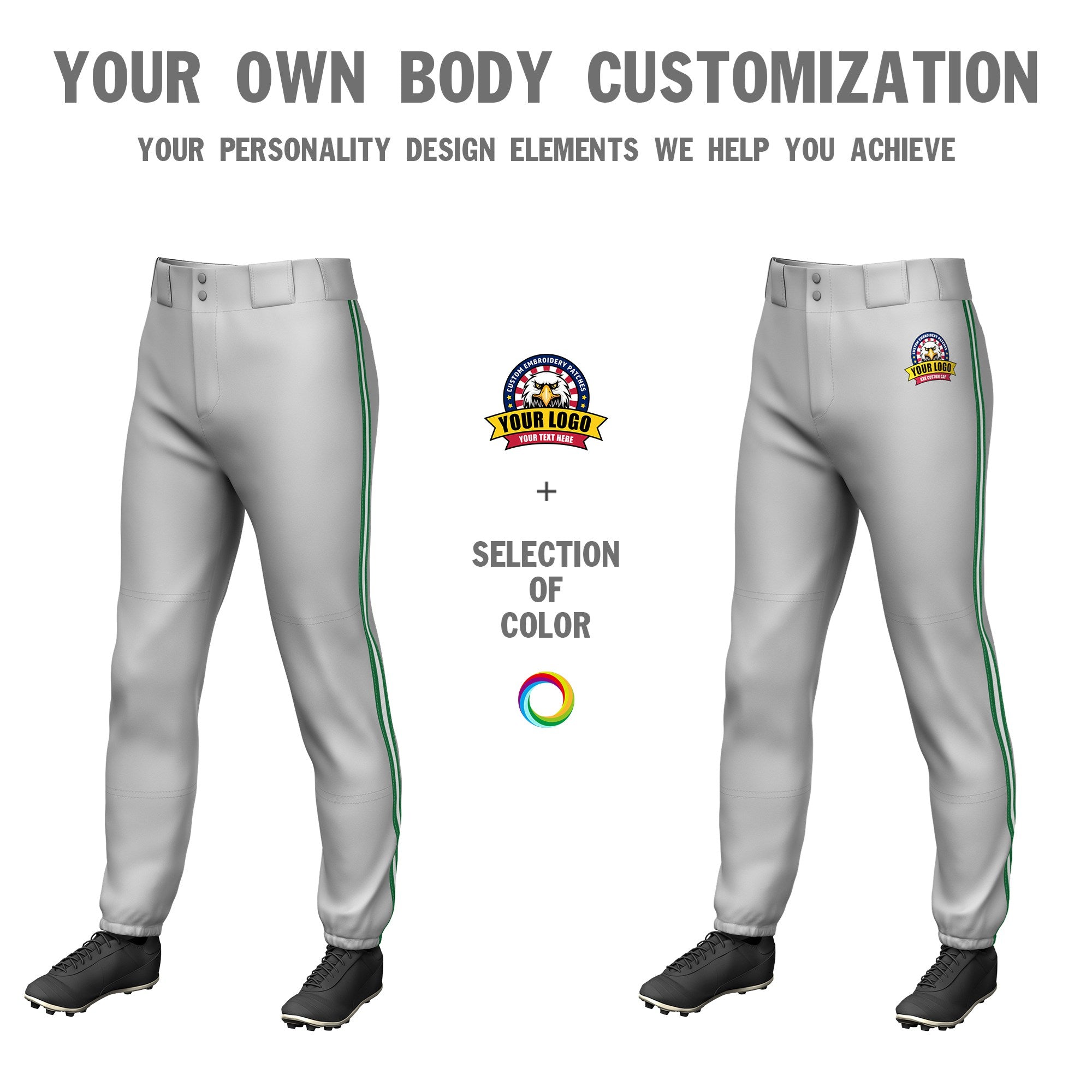 Custom Gray Kelly Green-White-Kelly Green Classic Fit Stretch Practice Pull-up Baseball Pants