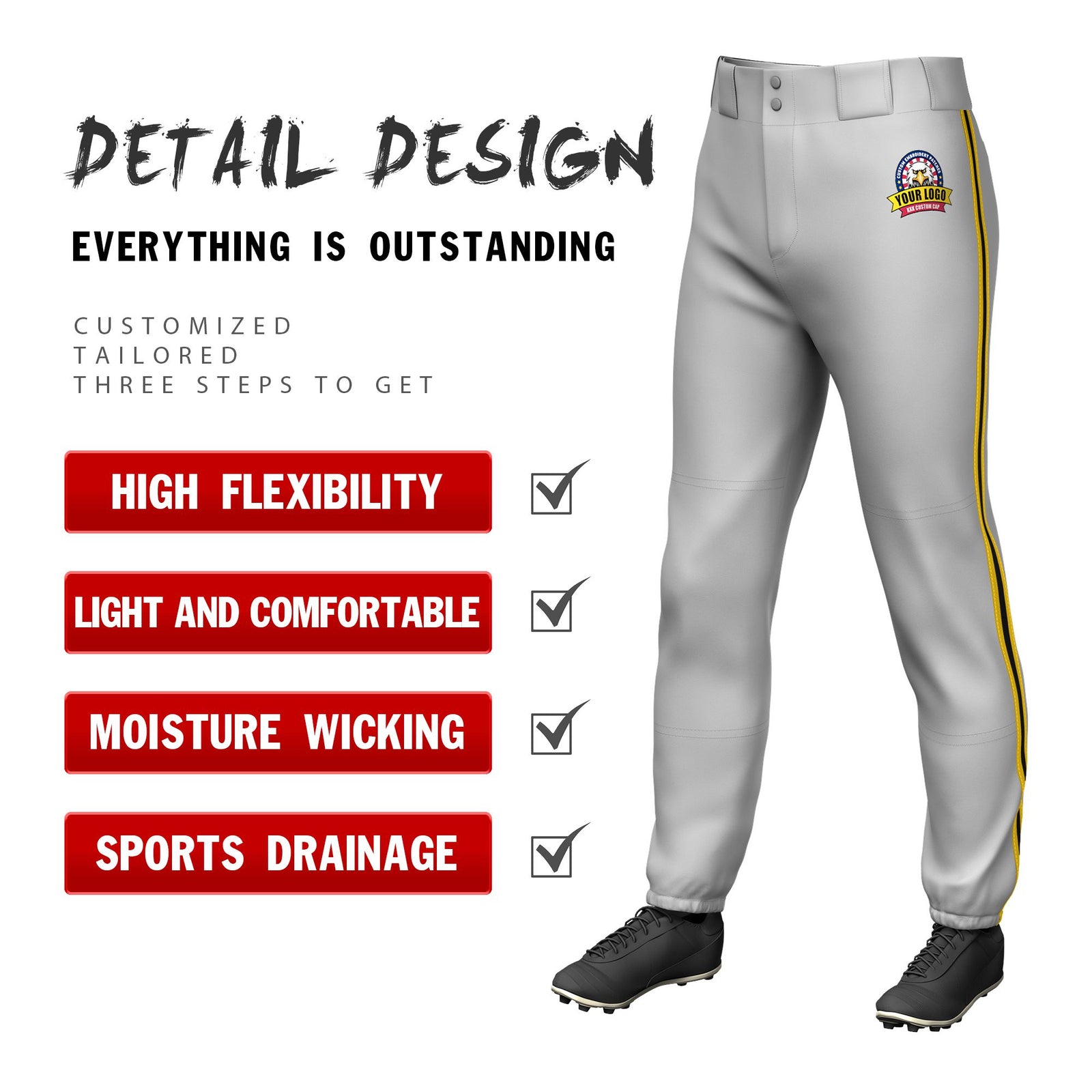 Custom Gray Gold01-Blck-Gold01 Classic Fit Stretch Practice Pull-up Baseball Pants