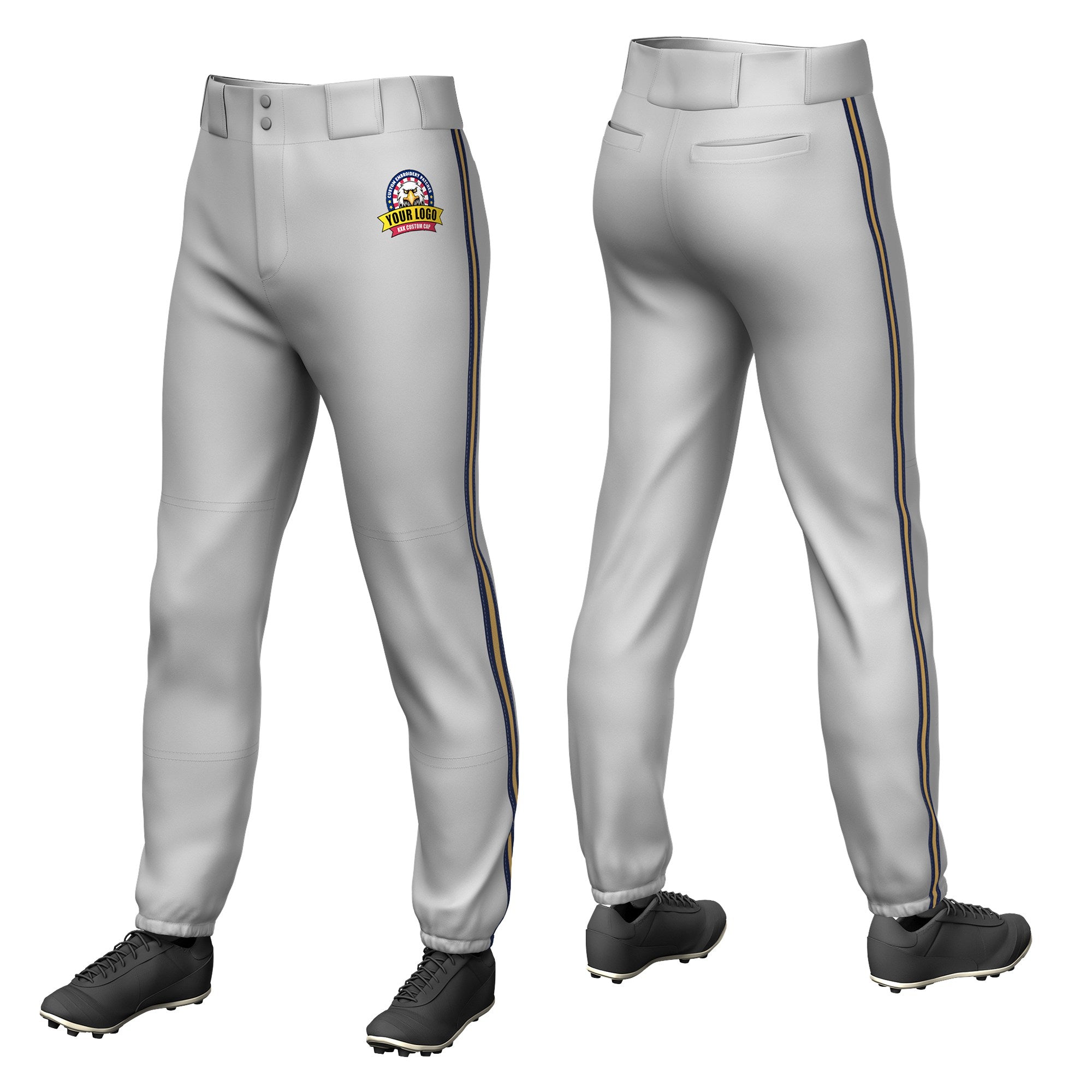 Custom Gray Navy-Old Gold-Navy Classic Fit Stretch Practice Pull-up Baseball Pants