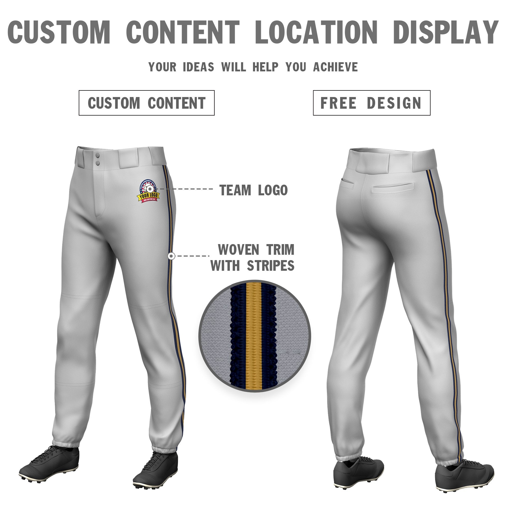 Custom Gray Navy-Old Gold-Navy Classic Fit Stretch Practice Pull-up Baseball Pants