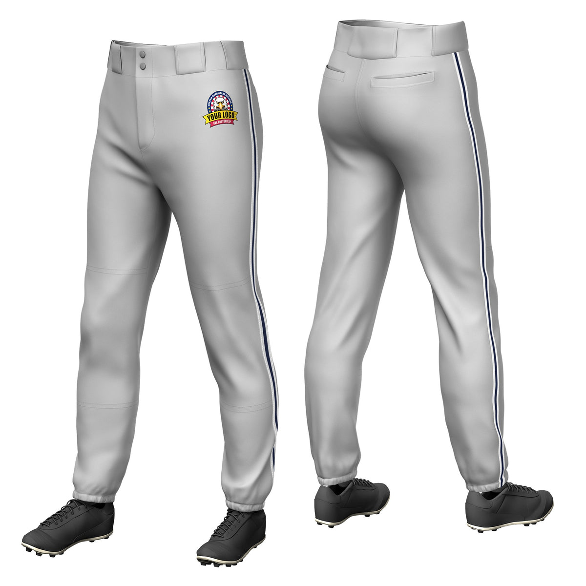 Custom Gray White-Navy-White Classic Fit Stretch Practice Pull-up Baseball Pants