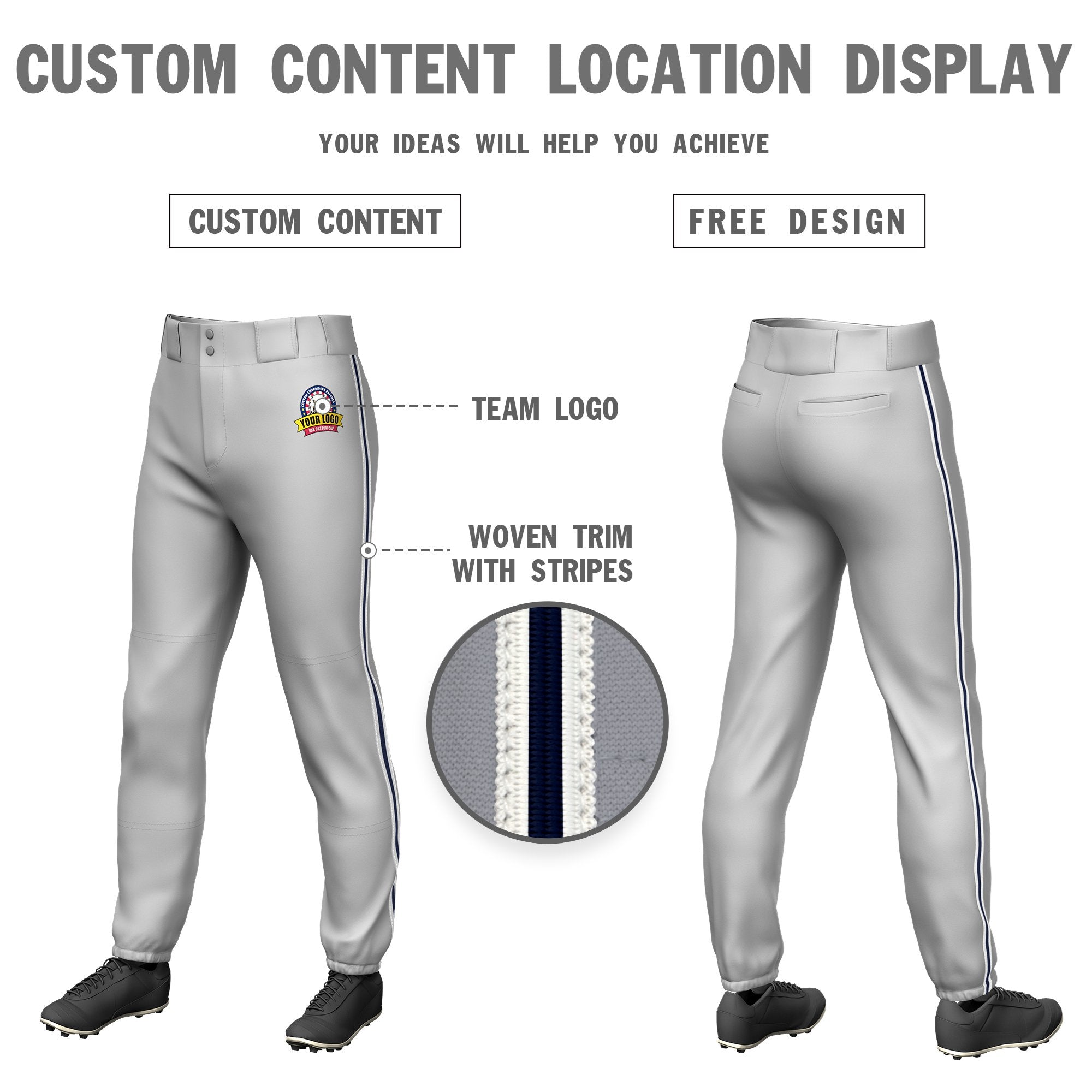 Custom Gray White-Navy-White Classic Fit Stretch Practice Pull-up Baseball Pants