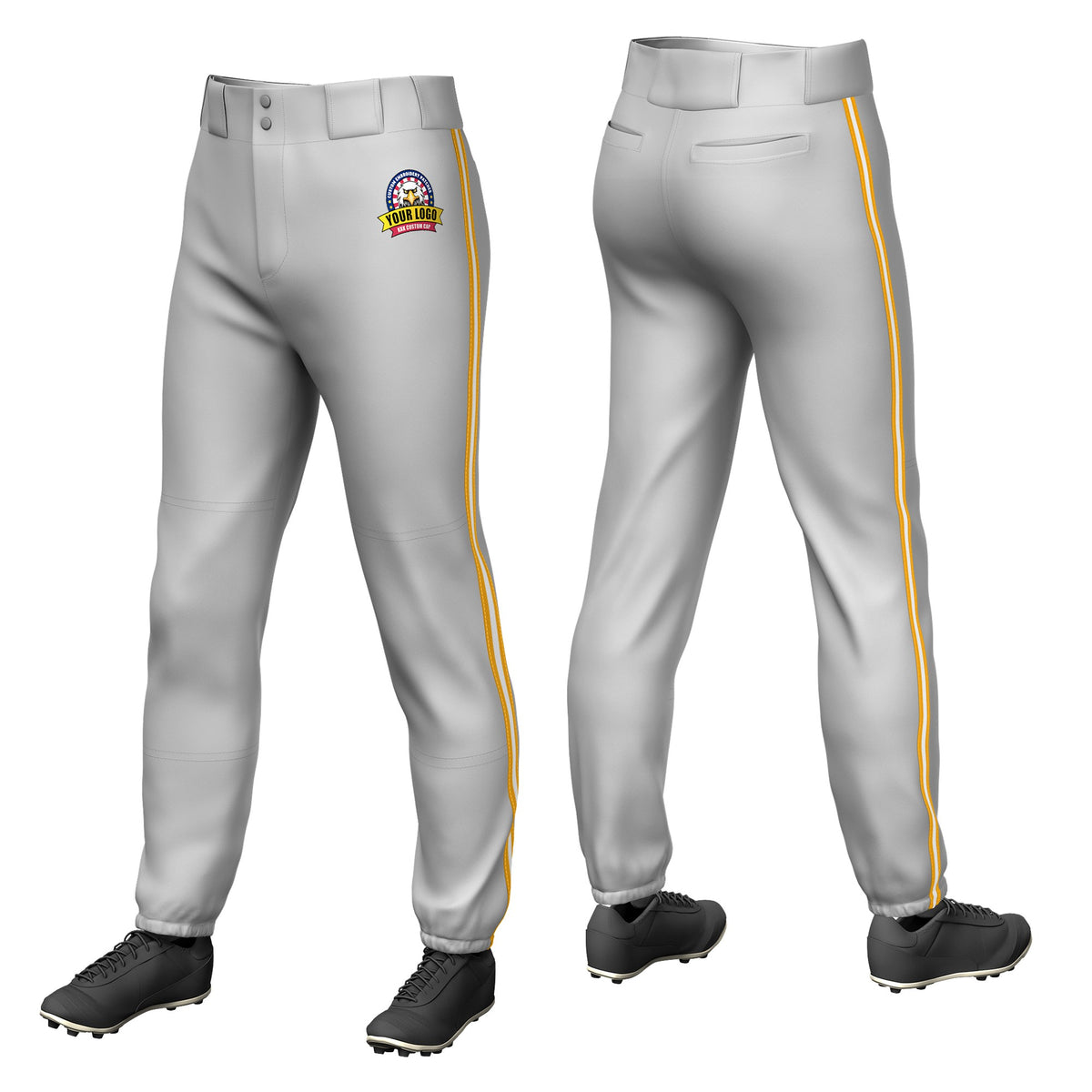 Custom Gray Yellow-White-Yellow Classic Fit Stretch Practice Pull-up Baseball Pants