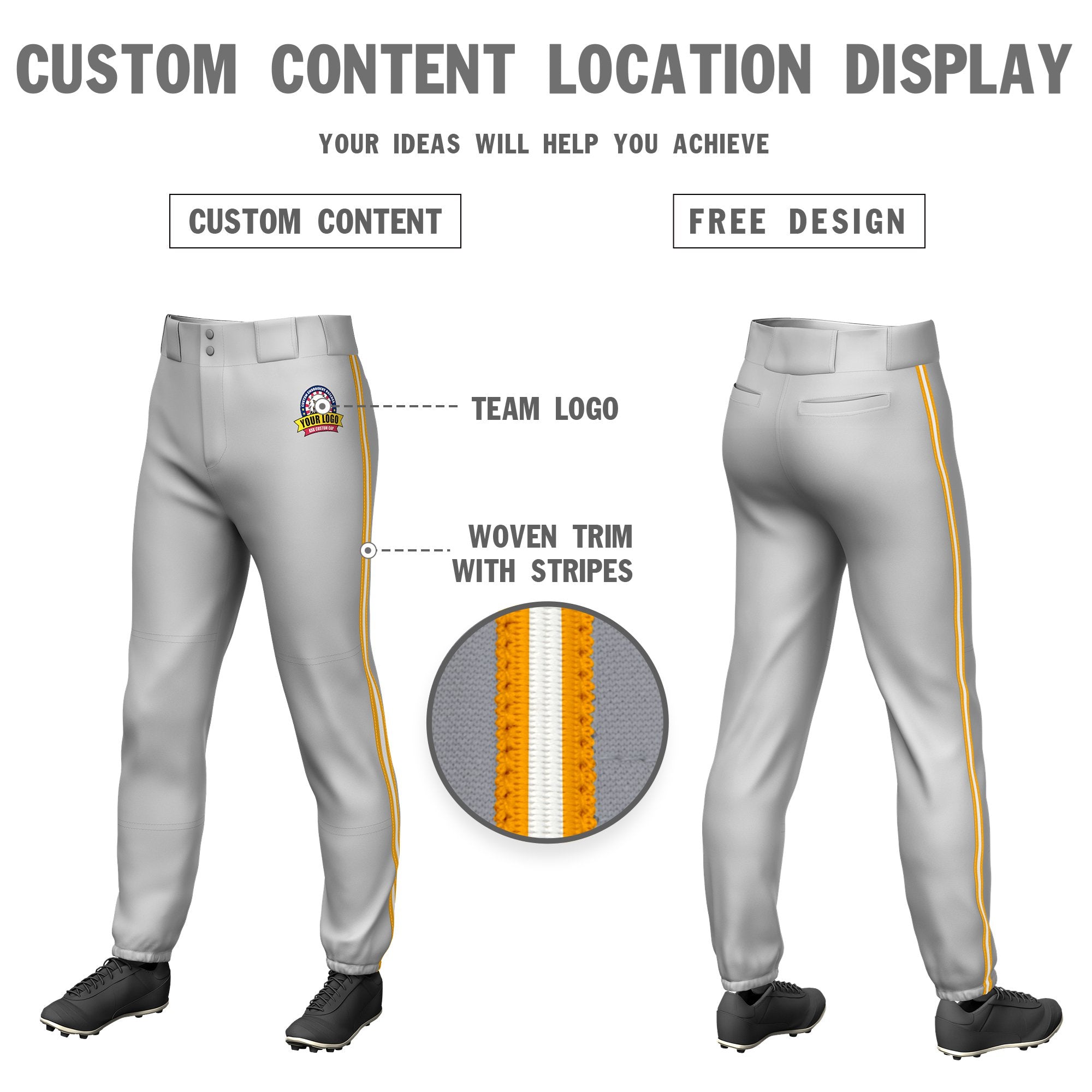 Custom Gray Yellow-White-Yellow Classic Fit Stretch Practice Pull-up Baseball Pants