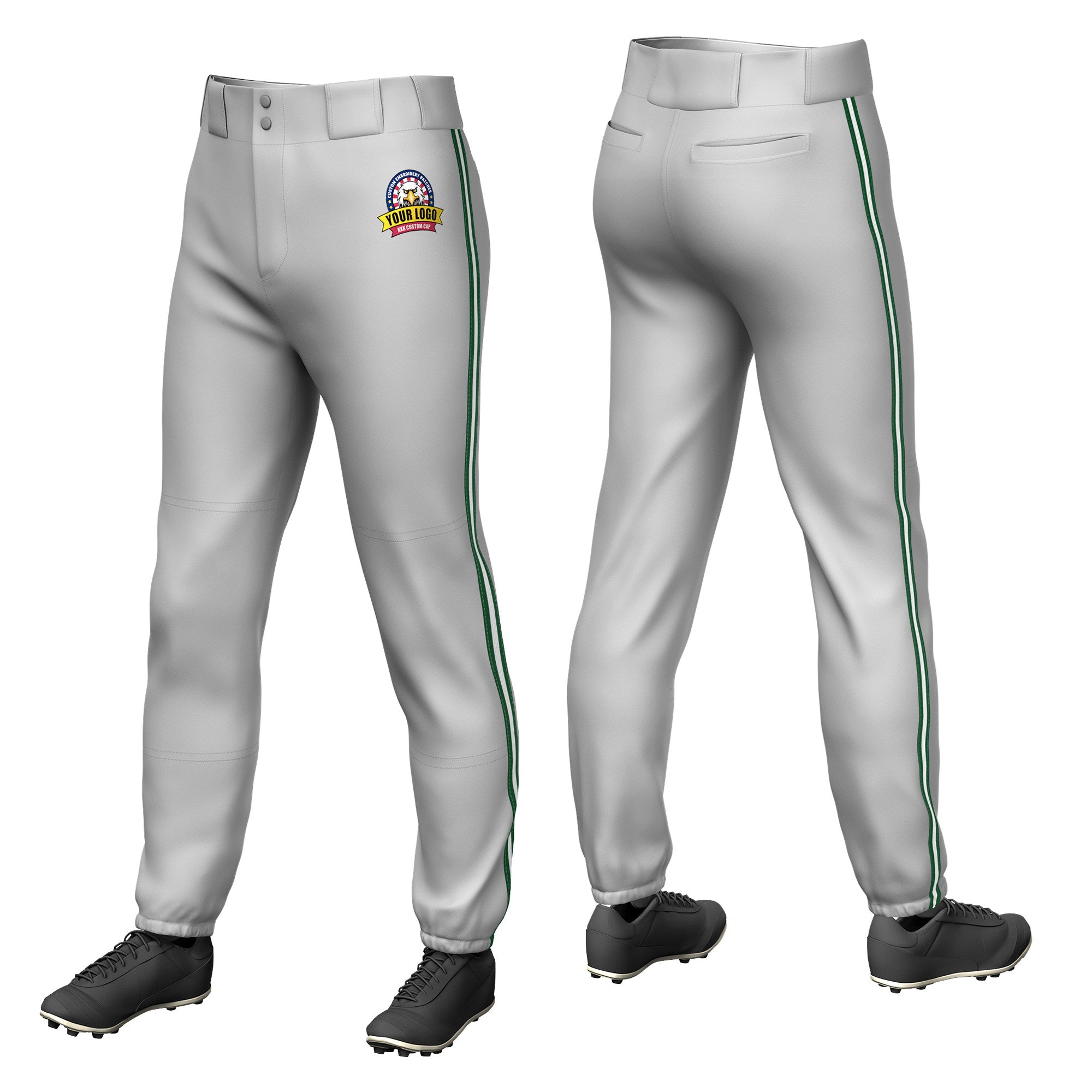 Custom Gray Green-White-Green Classic Fit Stretch Practice Pull-up Baseball Pants