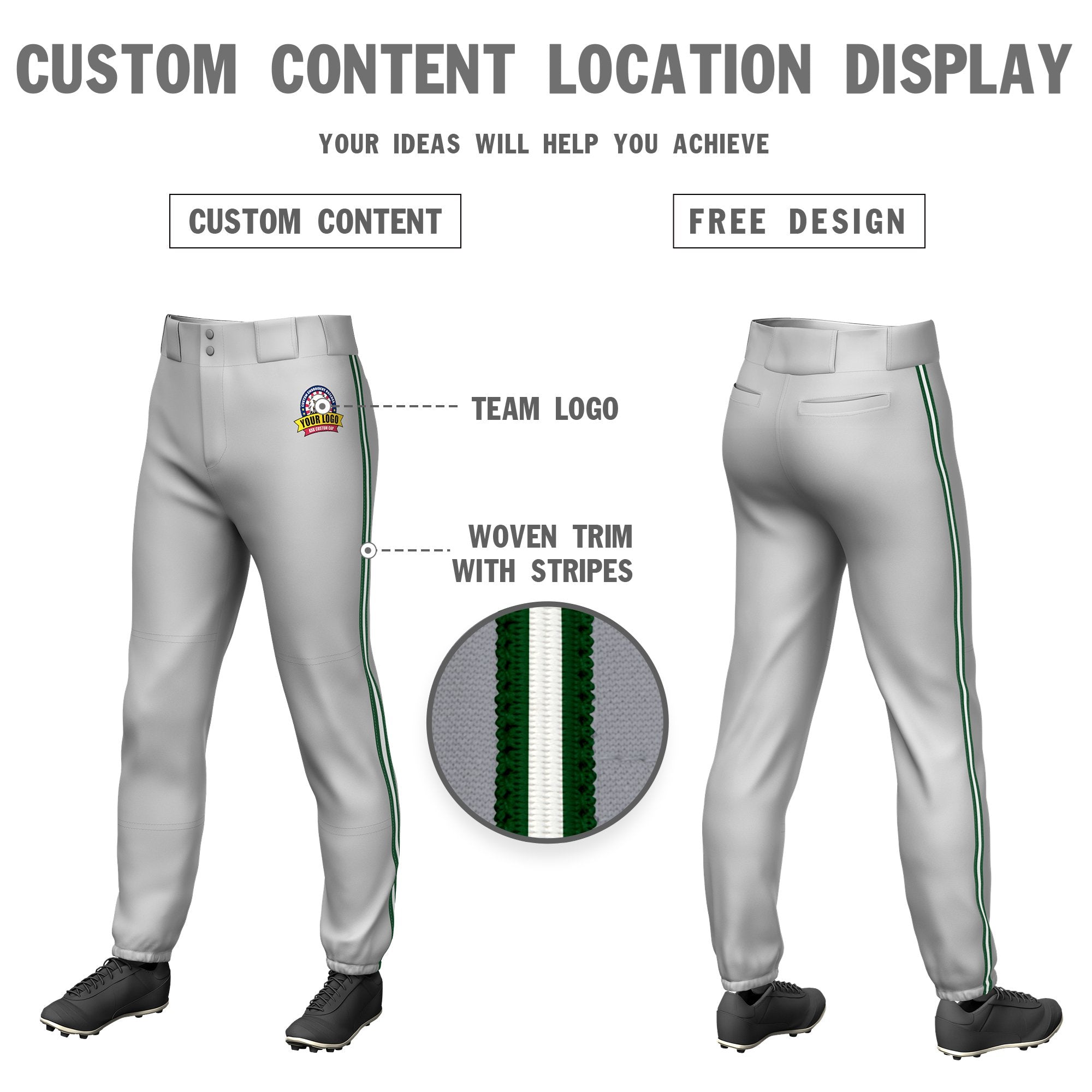 Custom Gray Green-White-Green Classic Fit Stretch Practice Pull-up Baseball Pants