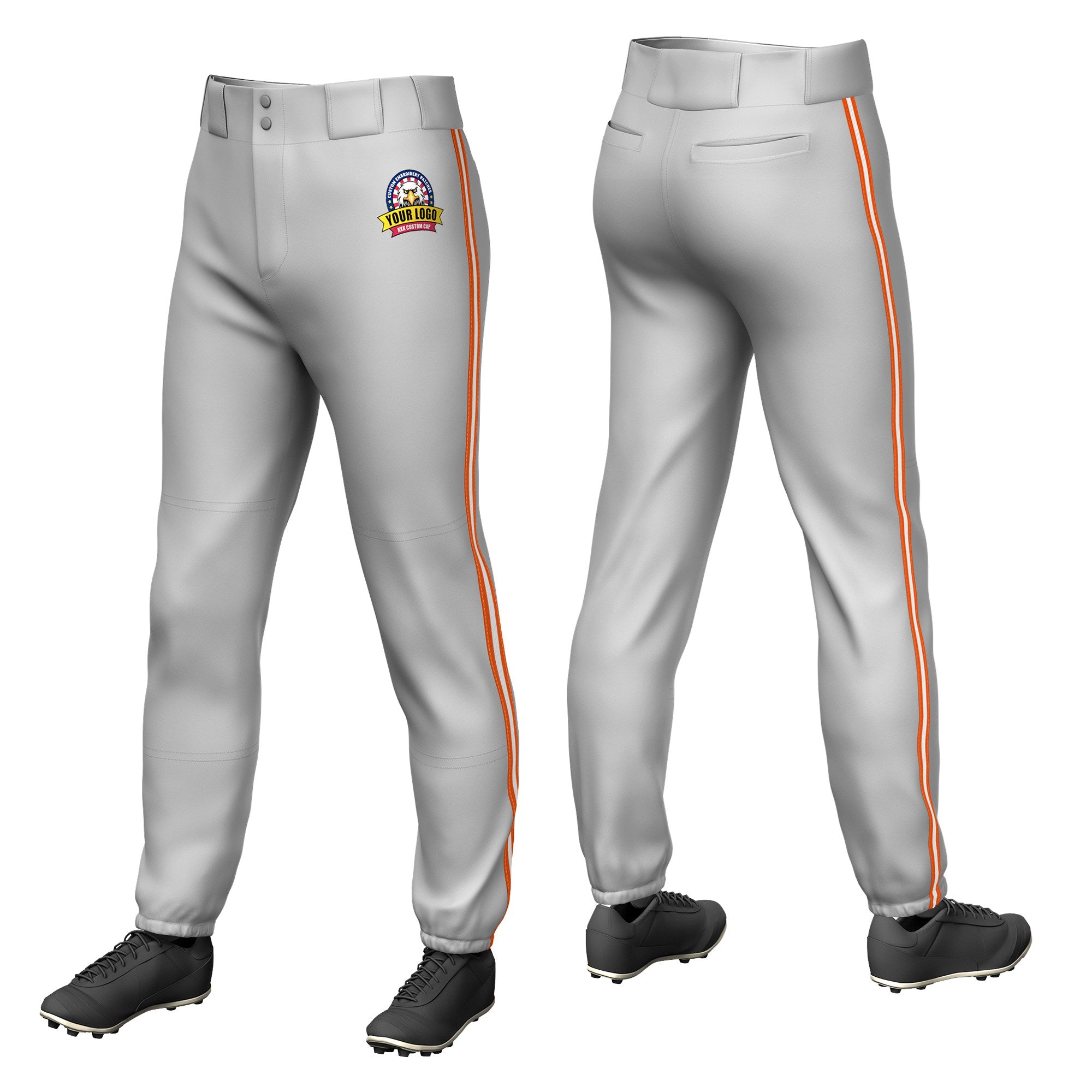 Custom Gray Orange-White-Orange Classic Fit Stretch Practice Pull-up Baseball Pants