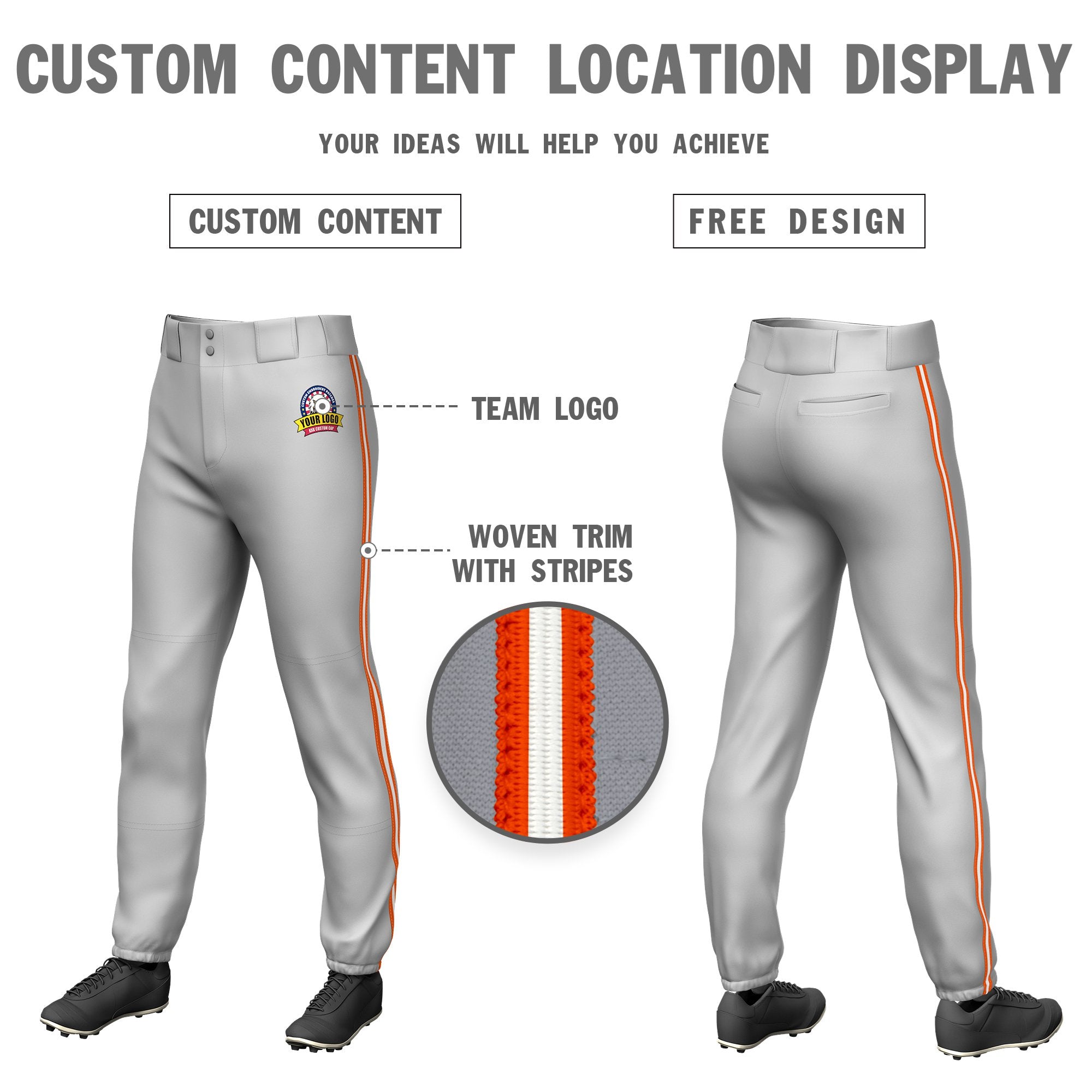 Custom Gray Orange-White-Orange Classic Fit Stretch Practice Pull-up Baseball Pants