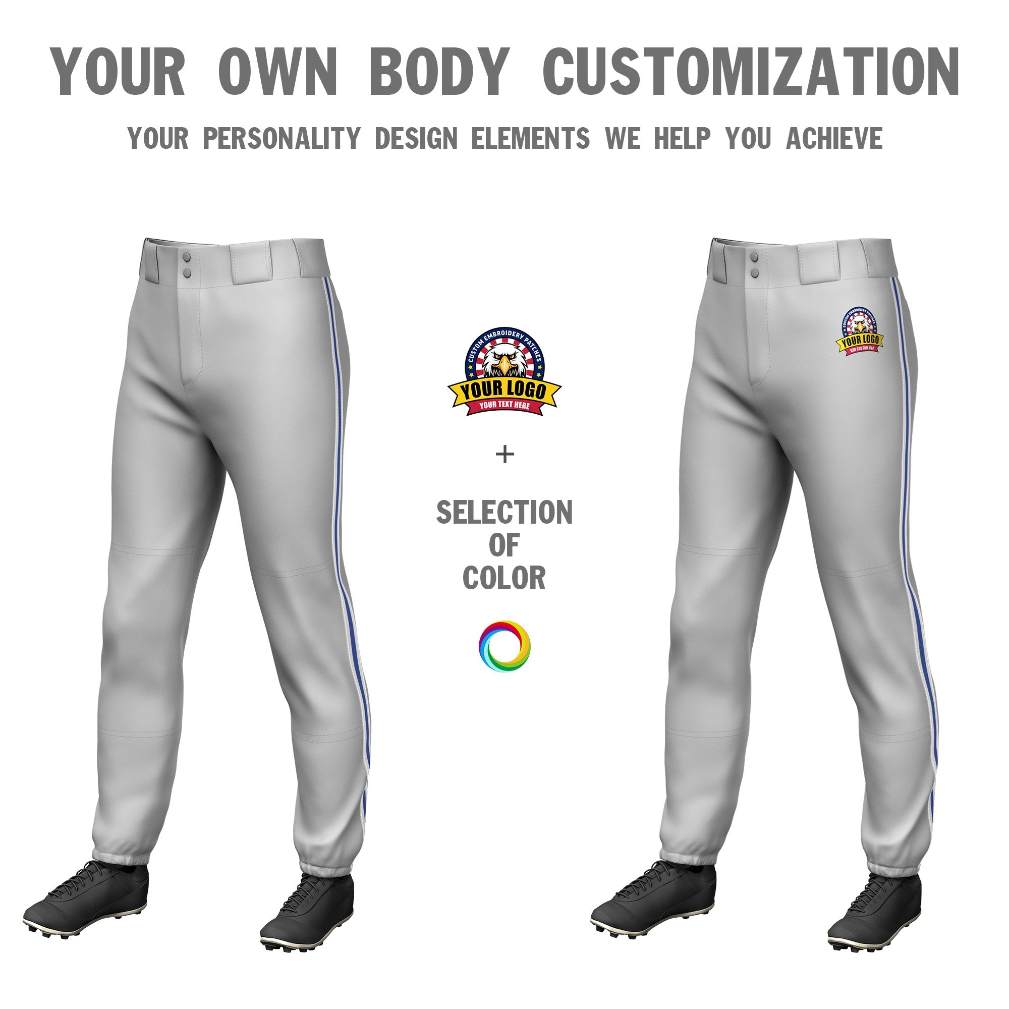 Custom Gray White-Royal Blue-White Classic Fit Stretch Practice Pull-up Baseball Pants