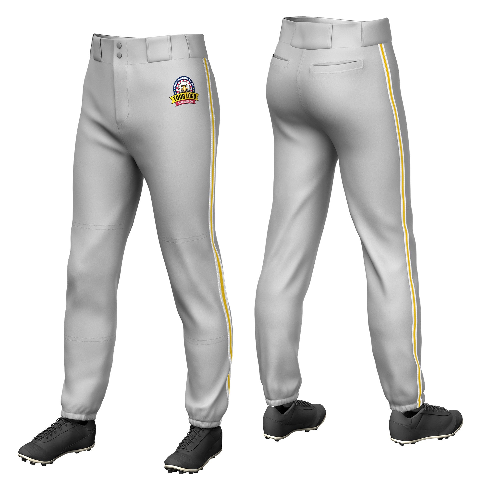 Custom Gray White-Gold01-White Classic Fit Stretch Practice Pull-up Baseball Pants