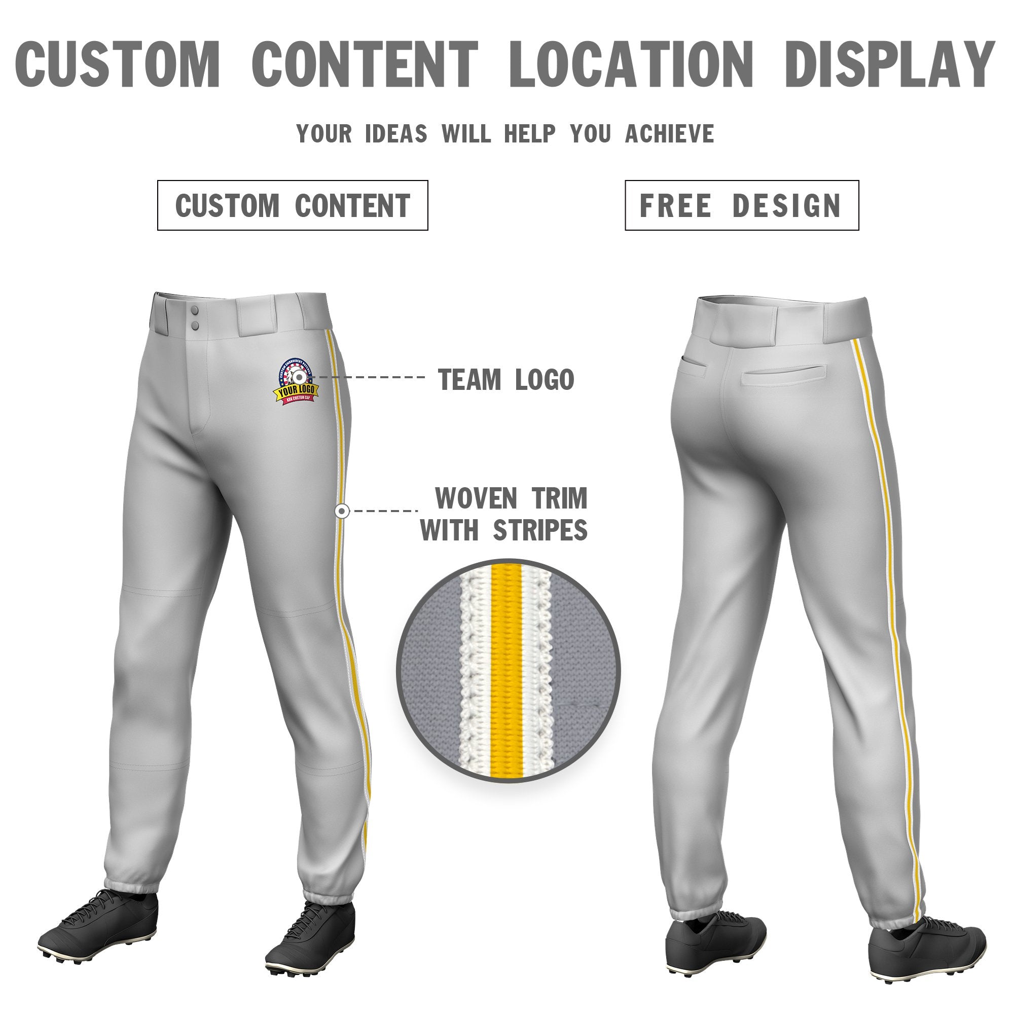 Custom Gray White-Gold01-White Classic Fit Stretch Practice Pull-up Baseball Pants