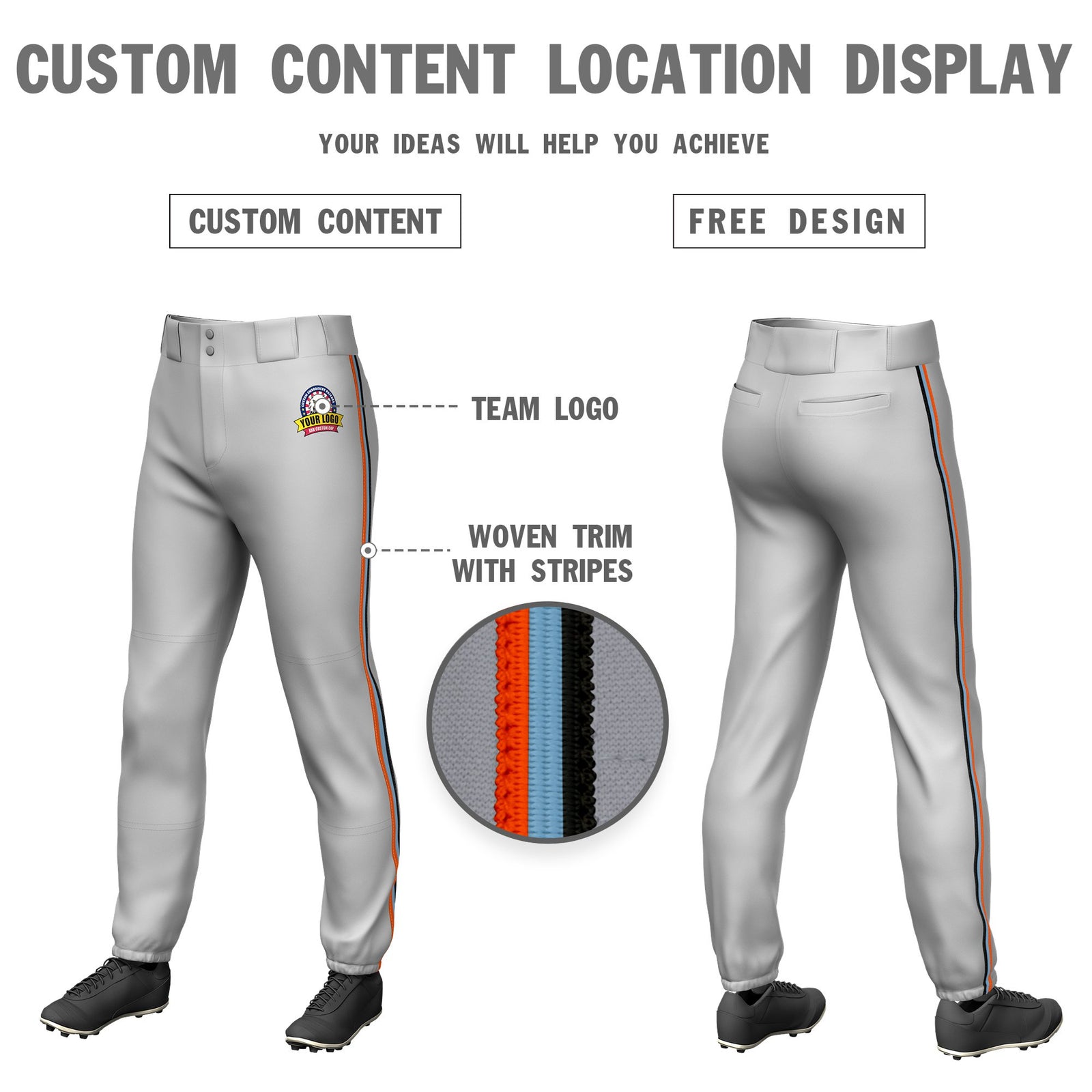 Custom Gray Orange-Light Blue-Black Classic Fit Stretch Practice Pull-up Baseball Pants