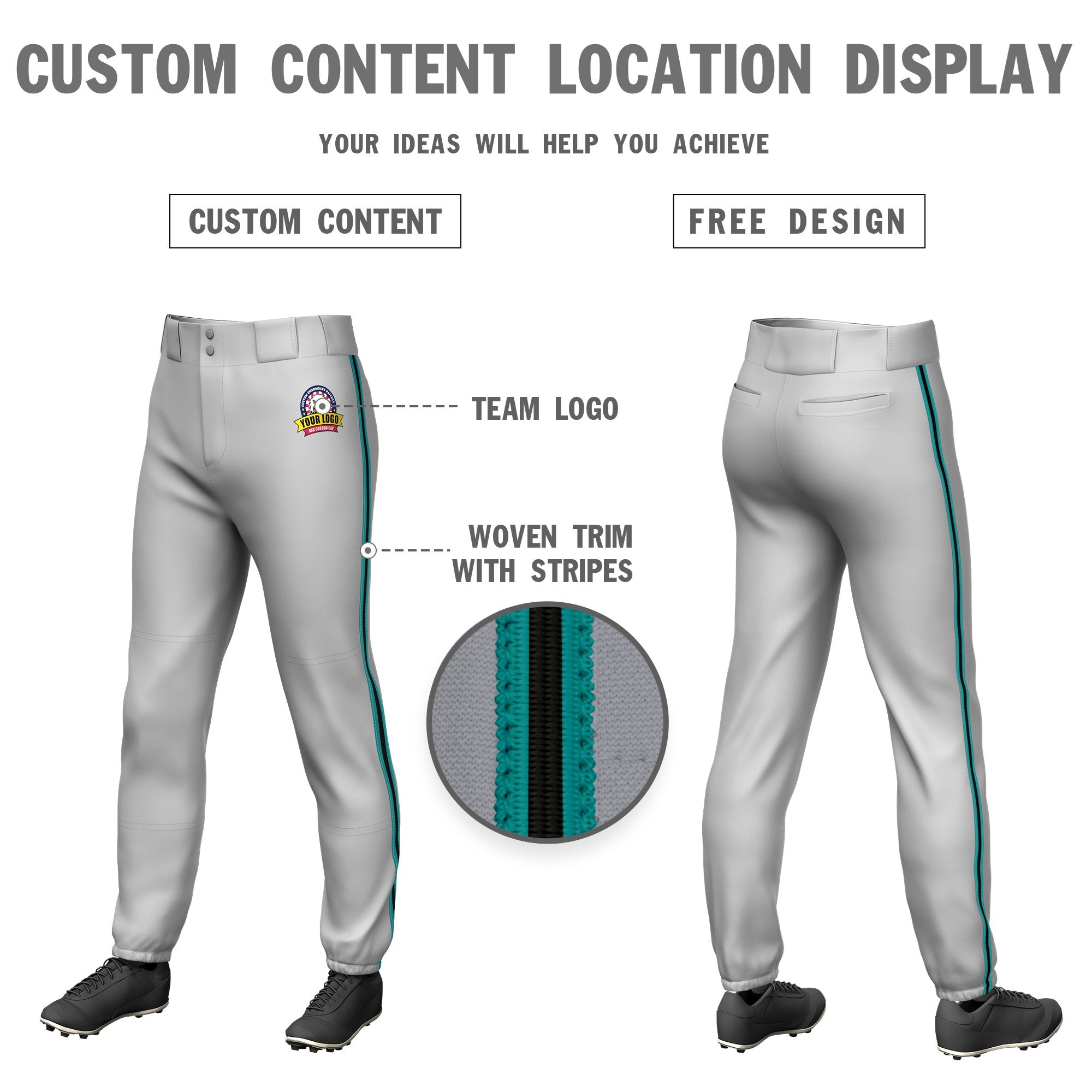 Custom Gray Aqua-Black-Aqua Classic Fit Stretch Practice Pull-up Baseball Pants