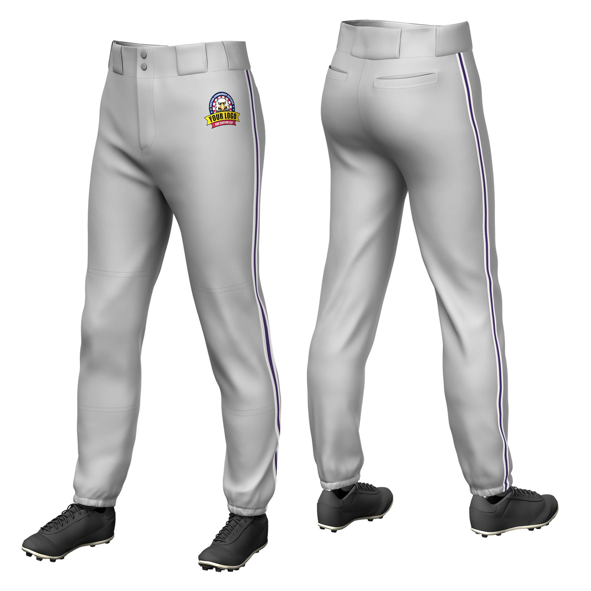 Custom Gray White-Purple-White Classic Fit Stretch Practice Pull-up Baseball Pants