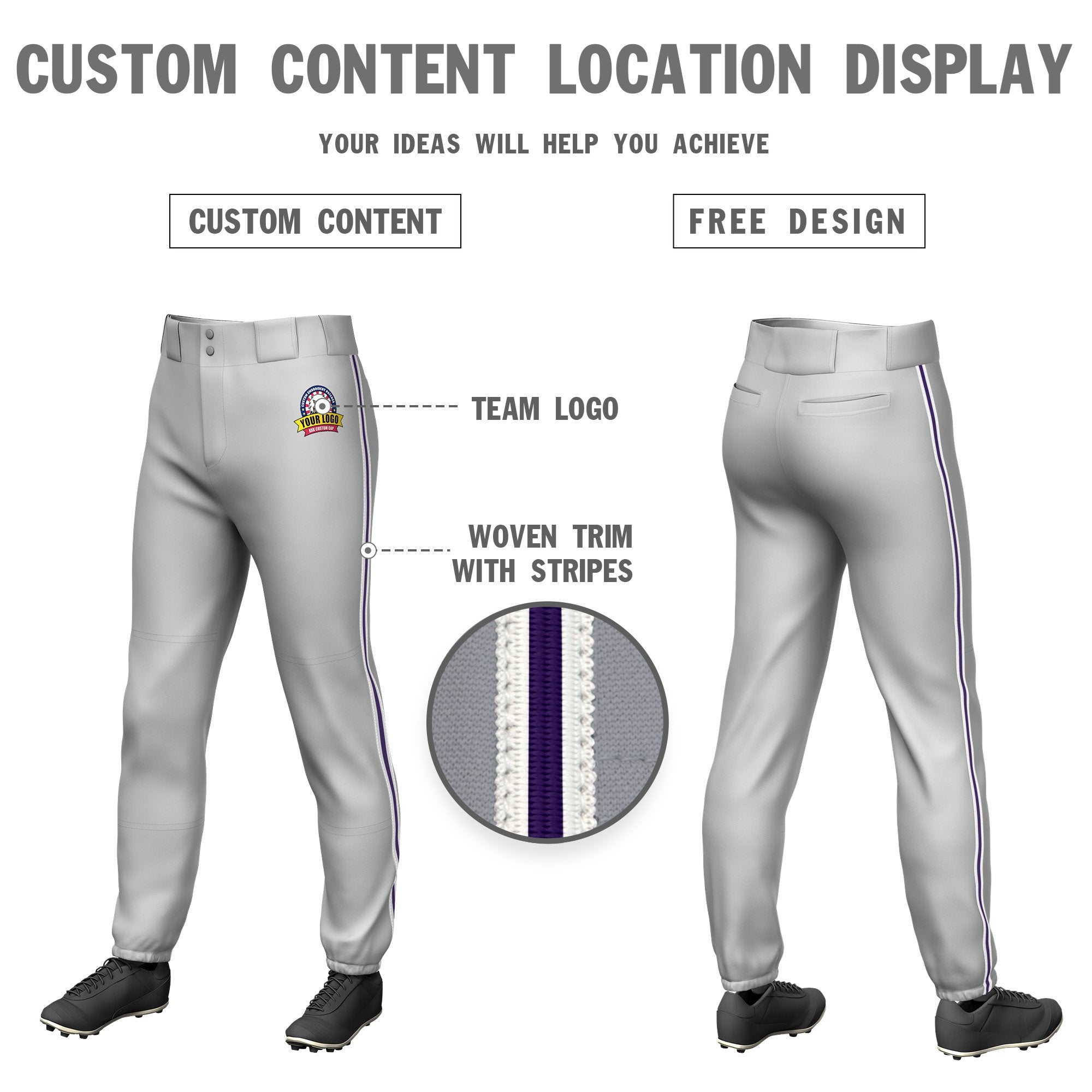 Custom Gray White-Purple-White Classic Fit Stretch Practice Pull-up Baseball Pants