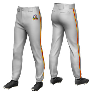 Custom Gray Yellow-Red-Yellow Piping Classic Fit Stretch Practice Pull-up Baseball Pants