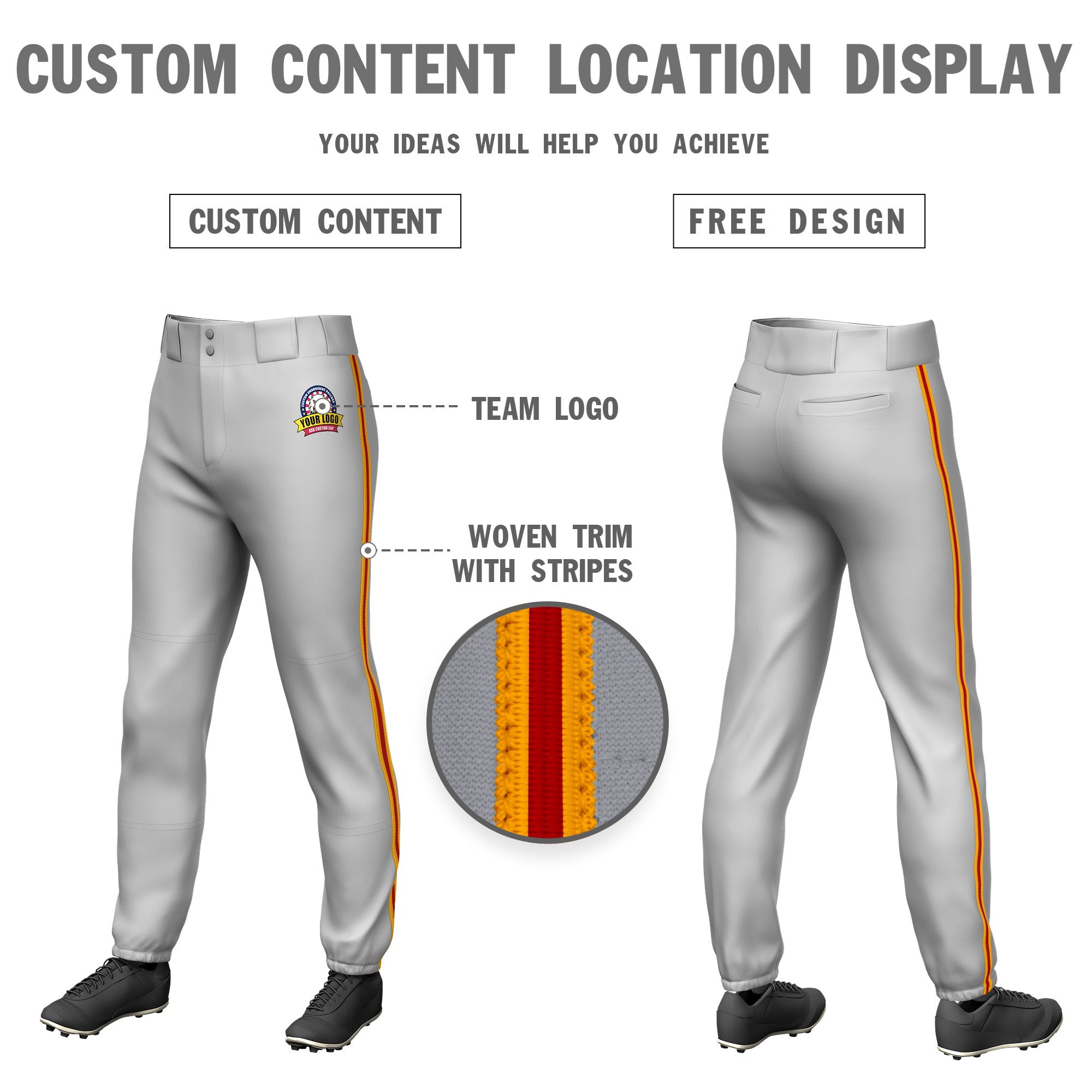 Custom Gray Yellow-Red-Yellow Classic Fit Stretch Practice Pull-up Baseball Pants