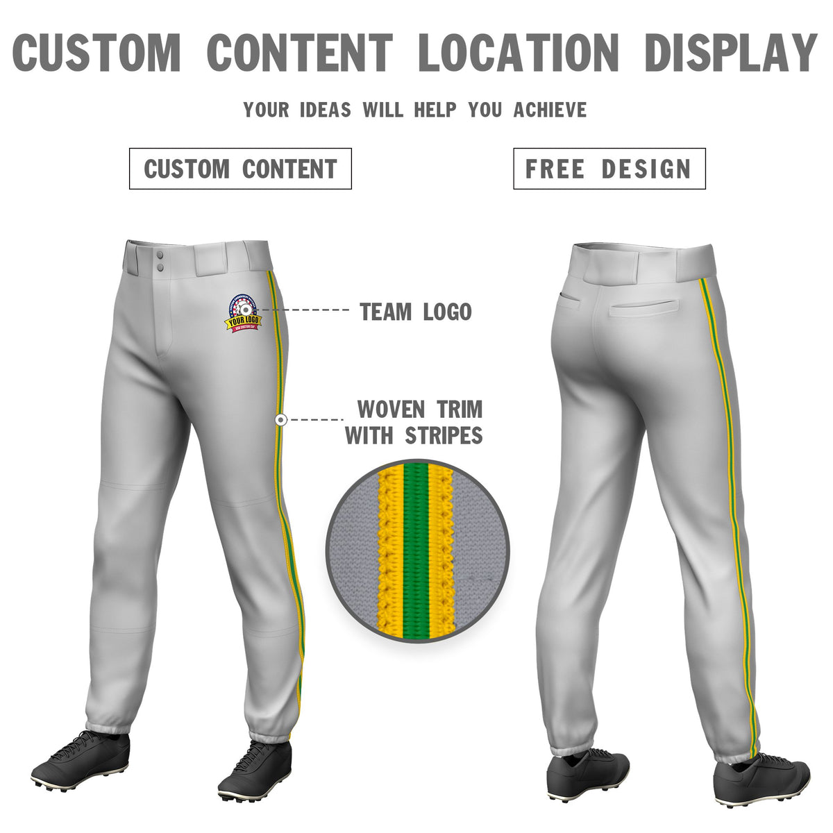 Custom Gray Gold01-Kelly Green-Gold01 Classic Fit Stretch Practice Pull-up Baseball Pants