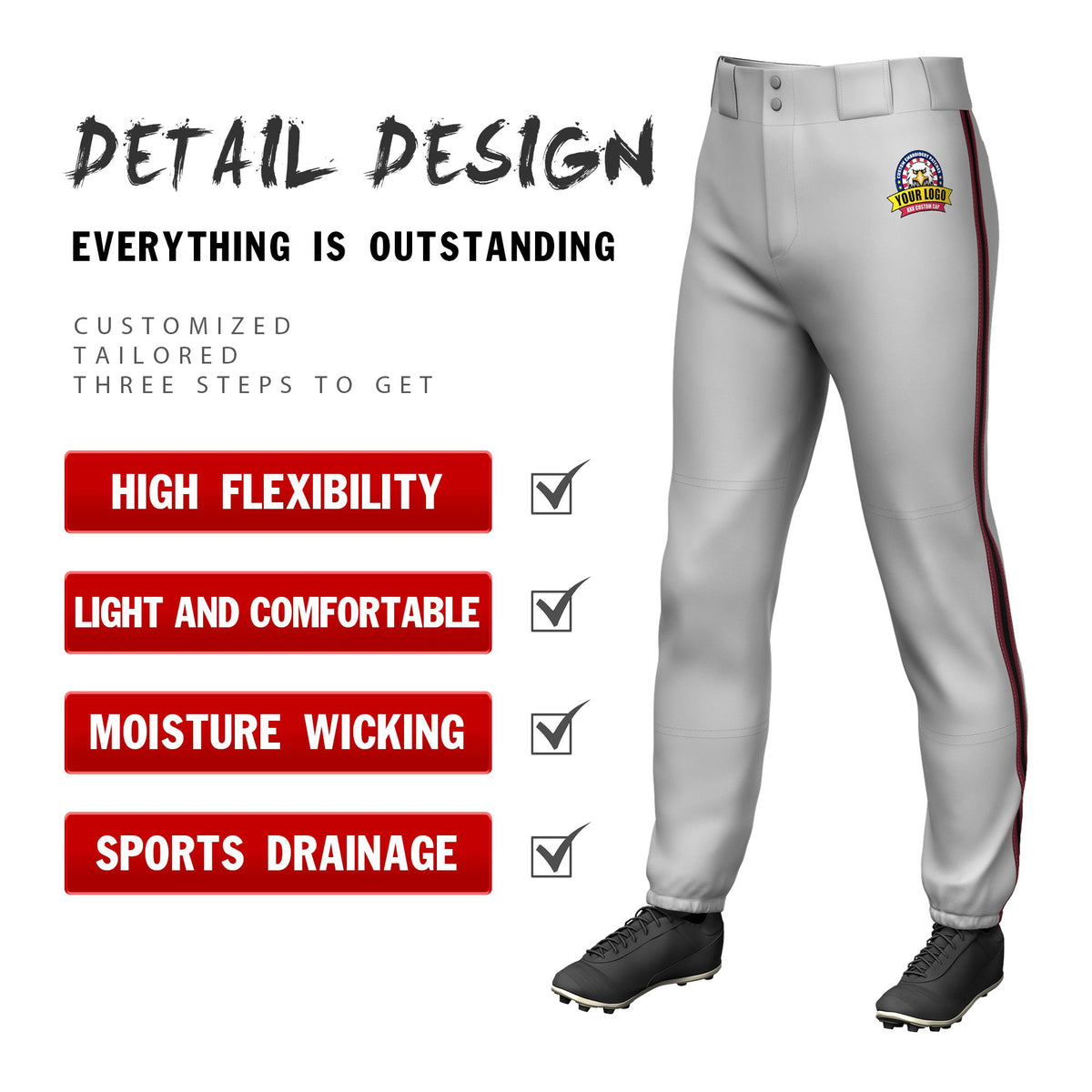 Custom Gray Crimson-Black-Crimson Classic Fit Stretch Practice Pull-up Baseball Pants