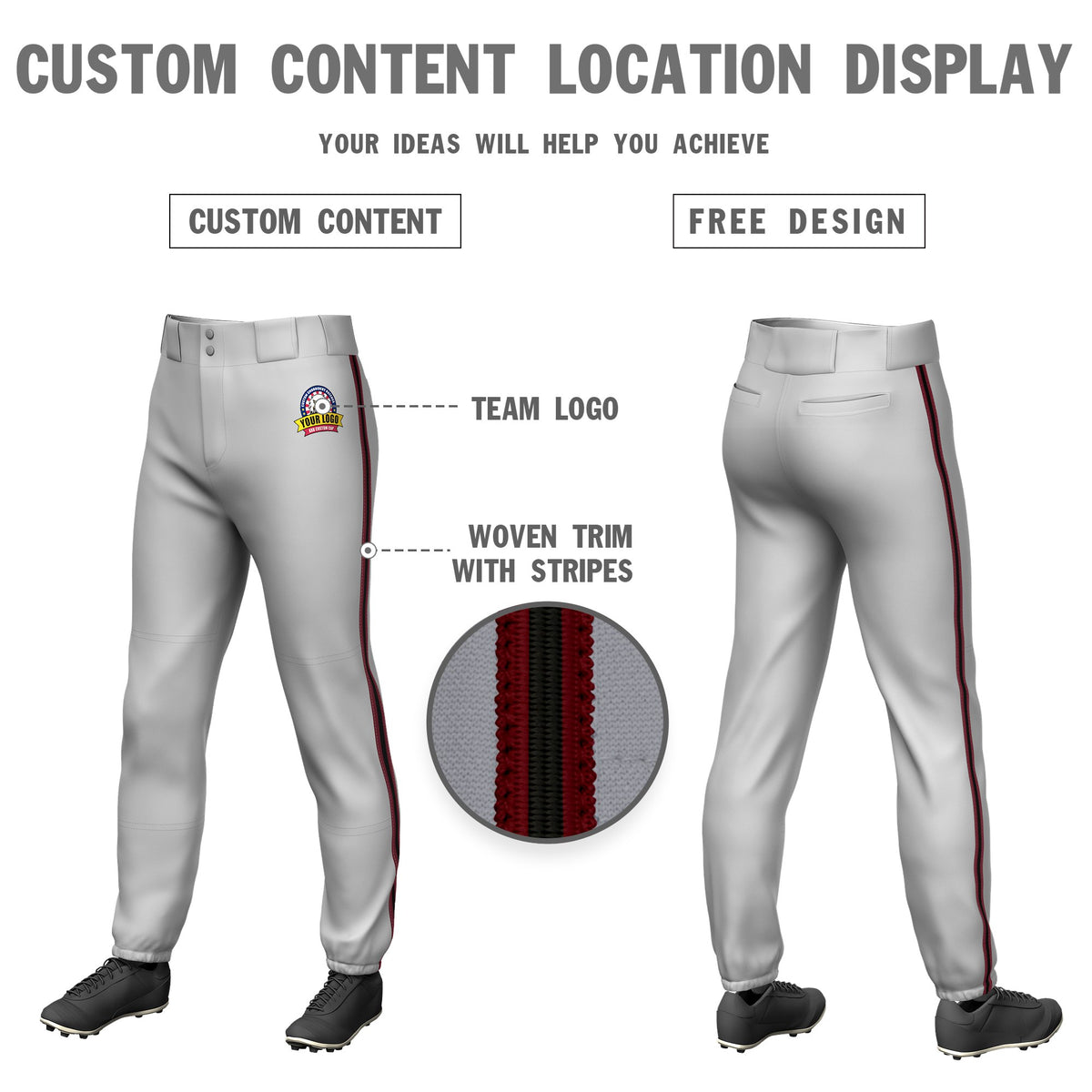 Custom Gray Crimson-Black-Crimson Classic Fit Stretch Practice Pull-up Baseball Pants