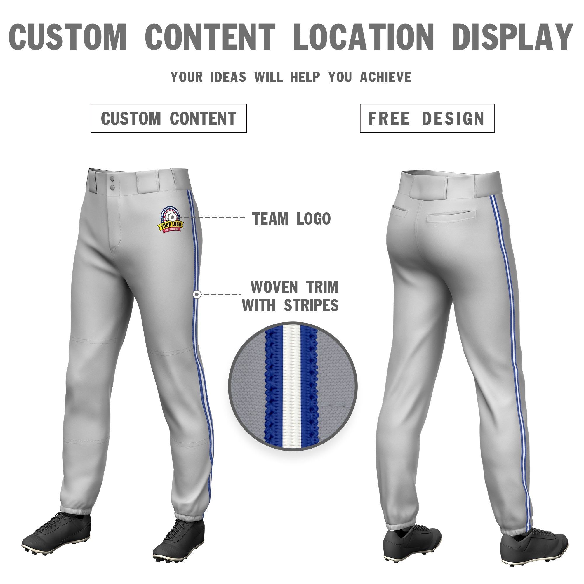 Custom Gray Royal Blue-White-Royal Blue Classic Fit Stretch Practice Pull-up Baseball Pants