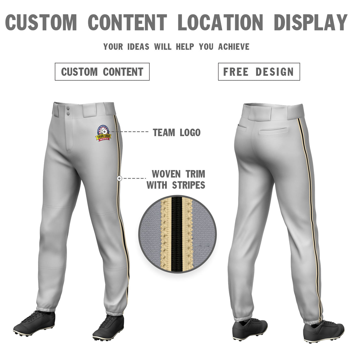 Custom Gray Khaki-Black-Khaki Classic Fit Stretch Practice Pull-up Baseball Pants