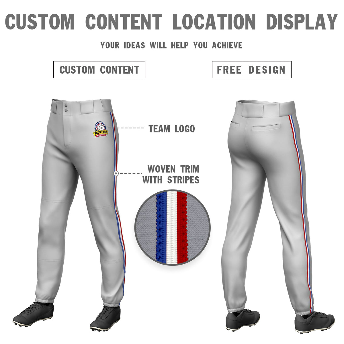 Custom Gray Royal Blue-White-Red Classic Fit Stretch Practice Pull-up Baseball Pants